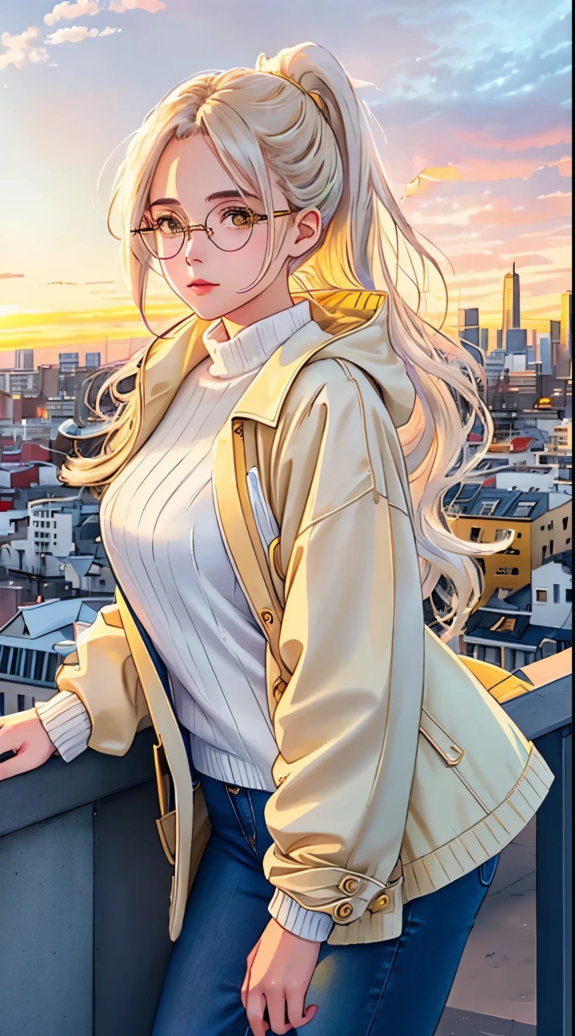 Angel Woman, in modern clothes, jeans, sweater, Coat, pastel, beige and yellow colors , with the city at sunset in the background, Expressive eyes ,Beautiful face, gold glasses like Harry Potter with thin frames, long white hair pulled back into a ponytail , White wings , Rainbow glare, high quality , sharp focus, anime style