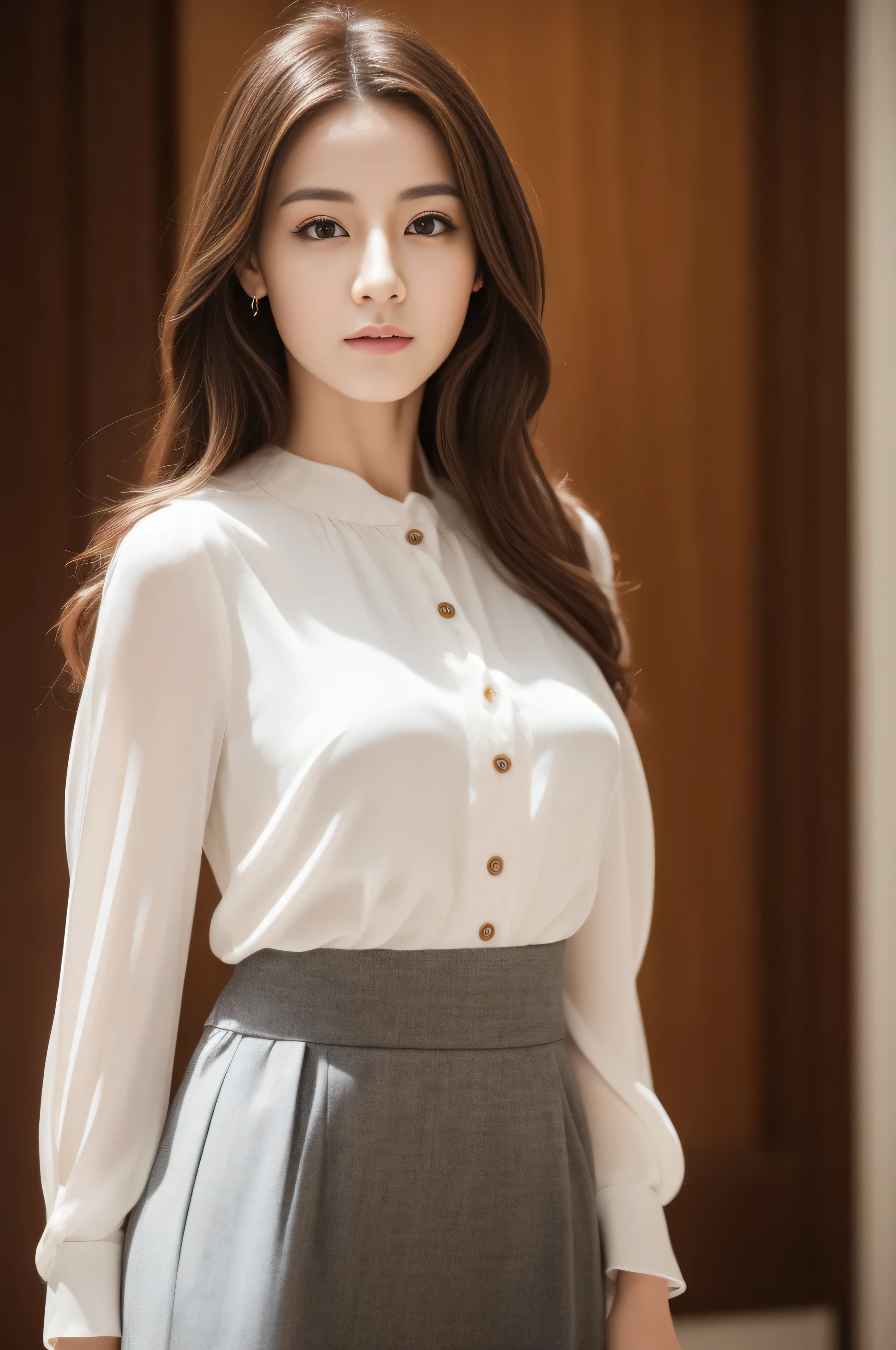 photorealistic:1.37, masterpiece, best quality, raw photo, absurdres, uhd, 1girl, wavy hair, brown hair, seductive , looking at viewer, detailed skin, pore, highres, hdr , beautiful model, soft light to the face,JP_MODELS,midium breasts, a 30 yo woman,Bewitching beautiful mature elite secretary in luxurious silk blouse、Blouses and skirts, Wearing a silk blouse, wear a shirt and skirt,