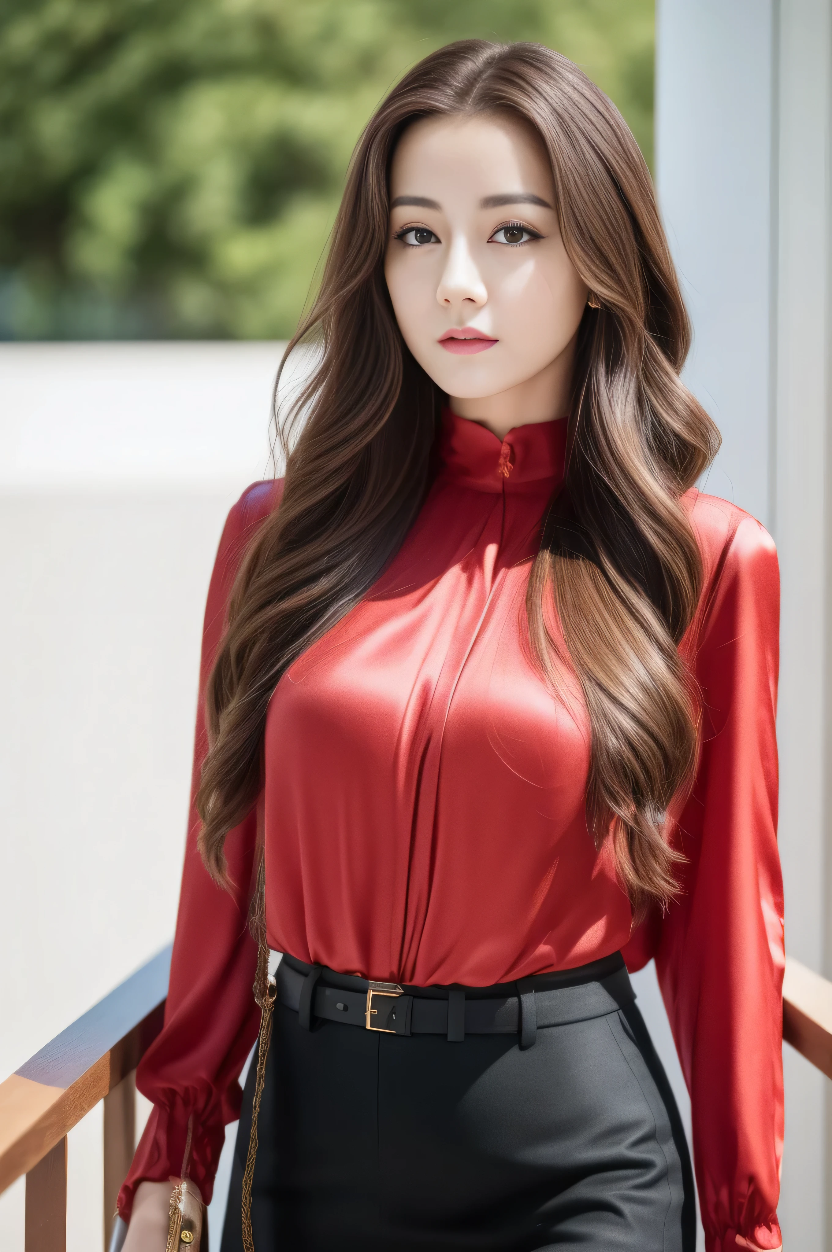 photorealistic:1.37, masterpiece, best quality, raw photo, absurdres, uhd, 1girl, wavy hair, brown hair, seductive , looking at viewer, detailed skin, pore, highres, hdr , beautiful model, soft light to the face,JP_MODELS,midium breasts, a 30 yo woman,Bewitching beautiful mature elite secretary in luxurious silk blouse、Blouses and skirts, Wearing a silk blouse, wear a shirt and skirt,