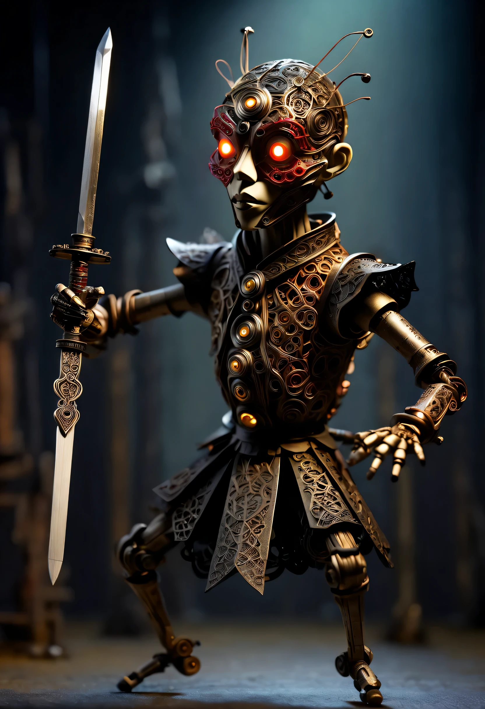 (Sword Dance Micro Mechanical Puppet: 1.37), acrylic style, robot character, beautiful details, (whole body: 0.65), Dynamic dance moves, (marionette), marionette, (Chinese shadow puppetry), eyes and face, Charming figure, Complex mechanisms, Mechanical structure, metallic feel, dark and mysterious atmosphere, bizarre realism, dramatic lighting, Aged and weathered appearance, Steampunk elements, Eerie and surreal atmosphere, intricate lace pattern, film composition, exquisite craft, Gothic aesthetics, strange beauty+, [high dynamic range], [fear], [concept artist], [sharp focus], [professional], [bright colors], [Bokeh], Vision,
