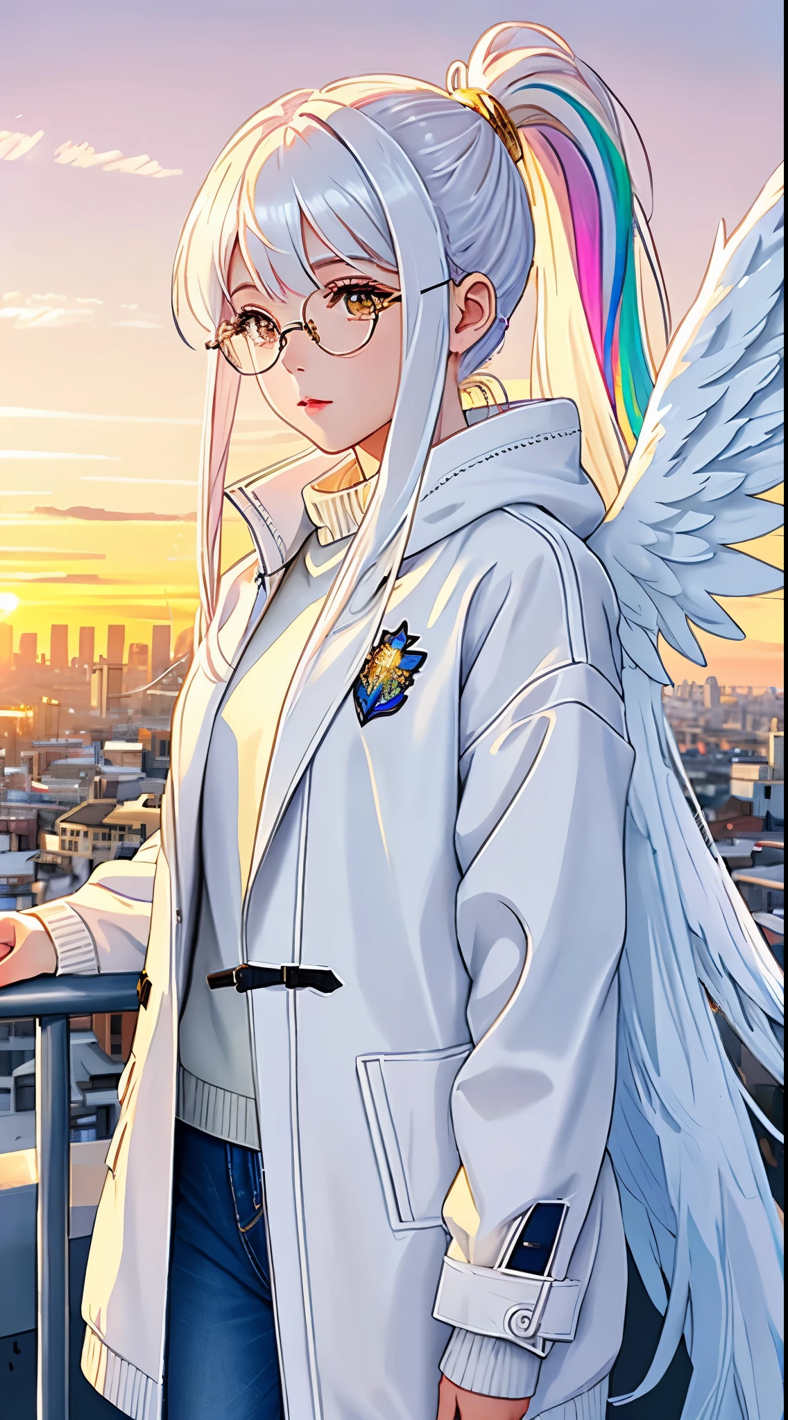 Angel Woman, White wings с золотыми перьями, in modern clothes, jeans, sweater, Coat, pastel, beige and yellow colors , with the city at sunset in the background, Expressive eyes ,Beautiful face, gold glasses like Harry Potter with thin frames, long white hair pulled back into a ponytail , White wings , Rainbow glare, high quality , sharp focus, anime style