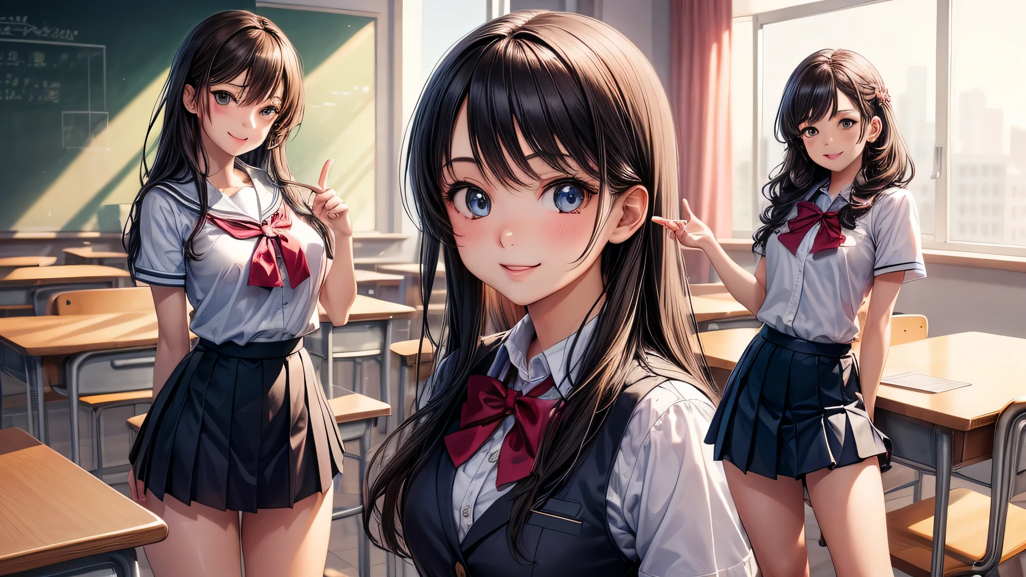 (2 girls), very cute face, wonderful face and eyes, Smile, (highly detailed eyes, highly detailed face), Fresh, (highest quality:1.4), (high School uniform, pleated mini skirt:1.2), smile a little, (look at me), (anime , anime illustration), School, classroom,