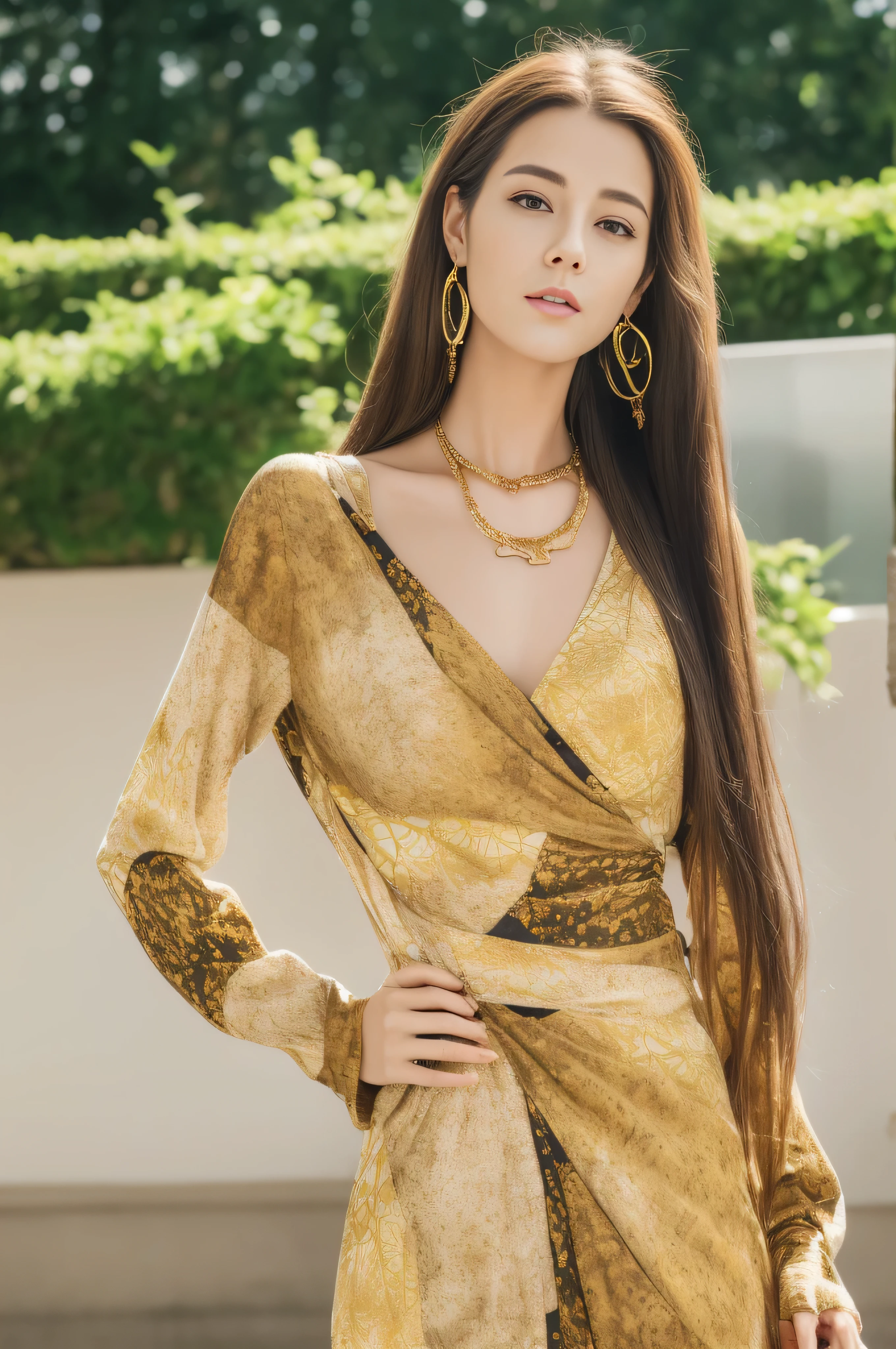 photorealistic:1.37, masterpiece, best quality, raw photo, absurdres, uhd, 1girl, wavy hair, brown hair, seductive , looking at viewer, detailed skin, pore, highres, hdr , beautiful model, soft light to the face,JP_MODELS,midium breasts, a 30 yo woman,in woods,((Long straight hair_Hair reaching down to the waist:1.3)),((gold necklace_Large earrings:1.2)),((Super long brown hair:1.2))、(((abstract printed dresses_long sleeve_wrap mini dress:1.3)))