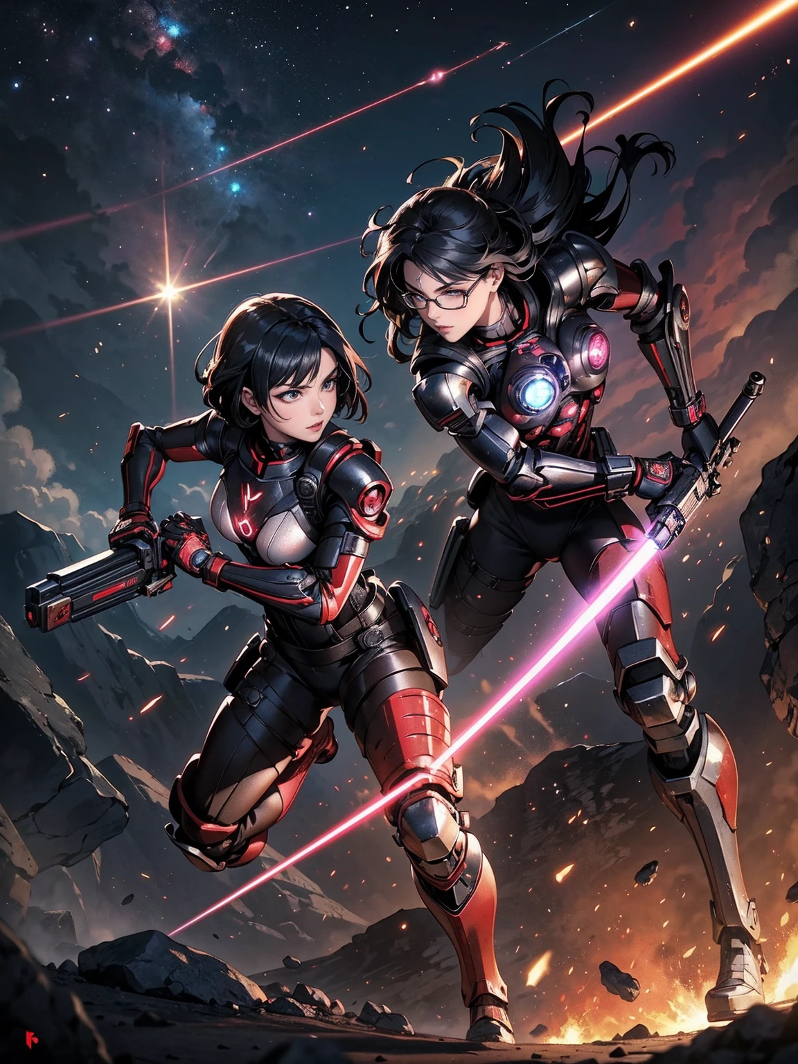 ((WakatsukiRisa, smug, black hair, short hair, glasses, brown eyes, medium breasts, wide hips, malicious, small breasts)), smug, ((pink lipstick, Extremely detailed, ambient soft lighting, 4k, perfect eyes, a perfect face, perfect lighting, a 1girl)) , ((((Blaster, laser, Space Detective, woman, (female exoskeleton), (red and black combat suit, fighting pose), wasteland, action scene, action pose, masterpiece, rich colors, Backlight, beautiful expression, fantasy art, character art, metallic red and silver combat suit)), wet body, ((fitness)), standing, Beautiful))