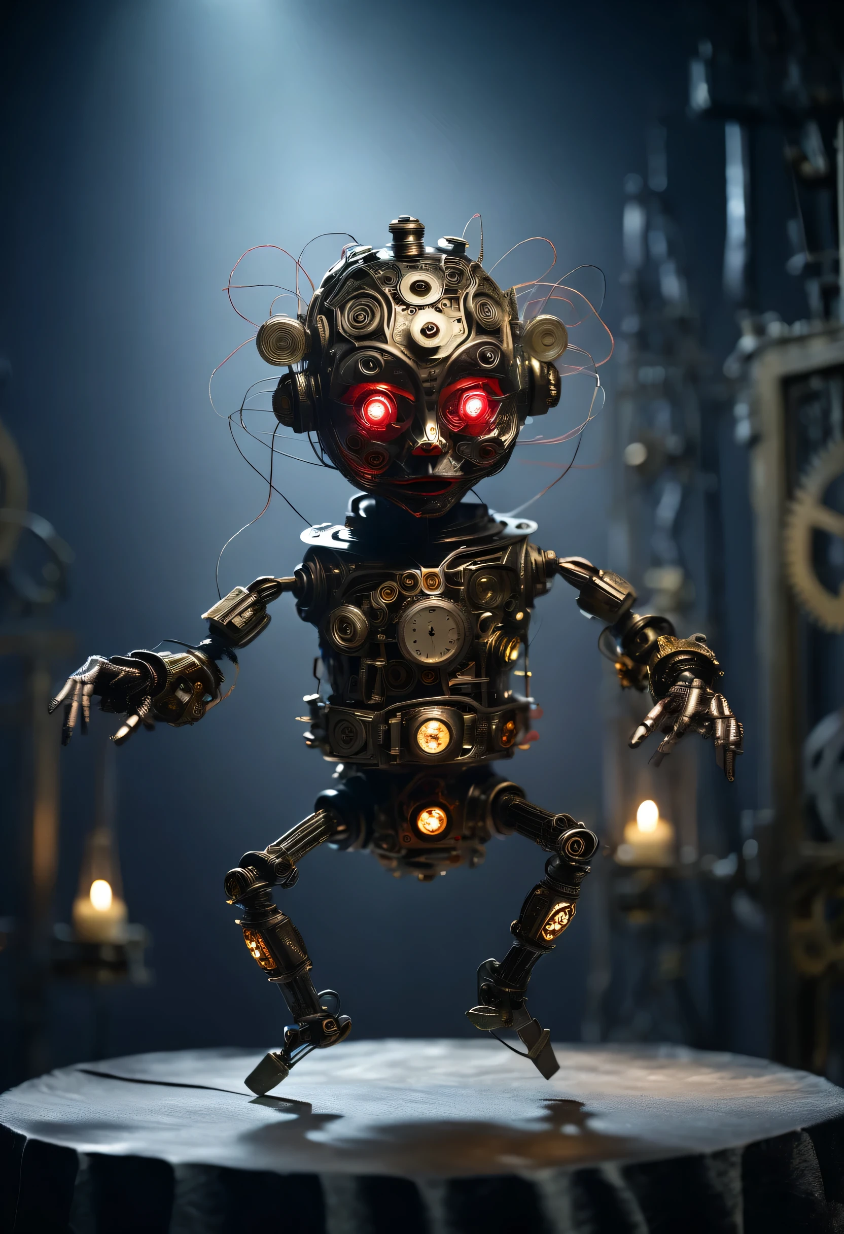 (dancing miniature mechanical puppets: 1.37), acrylic style, robot character, beautiful details, (whole body: 0.65), Dynamic dance moves, marionette, Chinese shadow puppetry, eyes and face, Charming figure, Complex mechanisms, Mechanical structure, metallic feel, dark and mysterious atmosphere, bizarre realism, dramatic lighting, Aged and weathered appearance, Steampunk elements, Eerie and surreal atmosphere, intricate lace pattern, film composition, exquisite craft, Gothic aesthetics, strange beauty+, [high dynamic range], [fear], [concept artist], [sharp focus], [professional], [bright colors], [Bokeh], Vision,