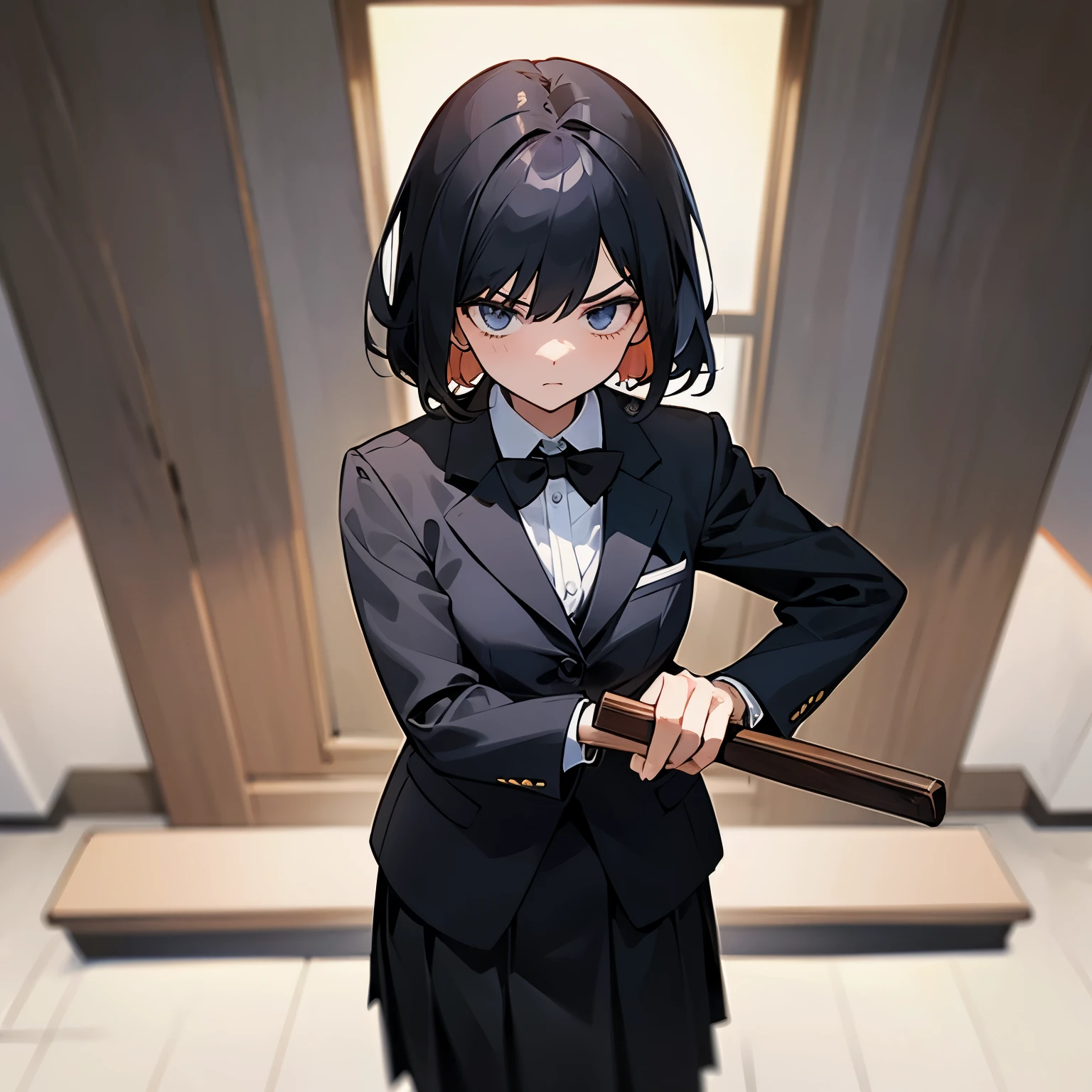 Strict teacher christian traditional well dressed, office skirt, black suit, school, holding wooden paddle, serious, standing