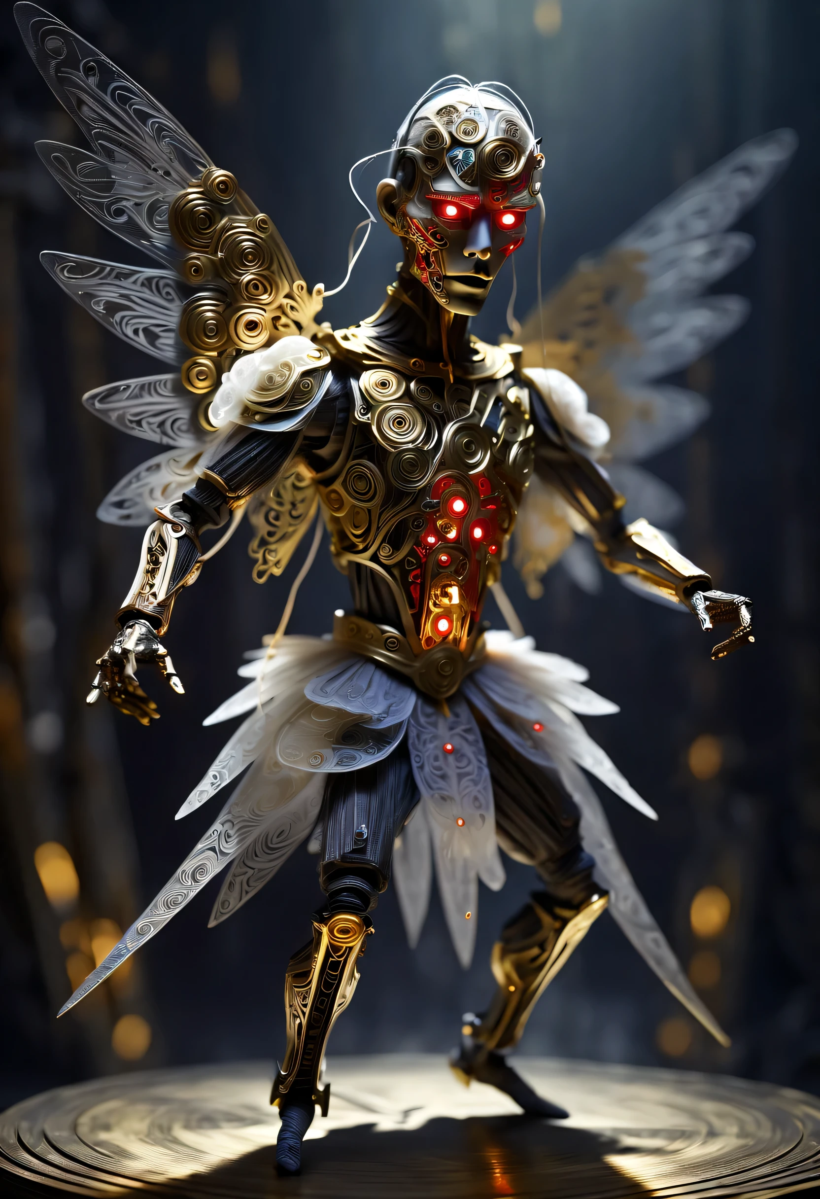 (Sword Dance Micro Mechanical Puppet: 1.37), acrylic style, robot character, beautiful details, (whole body: 0.65), Dynamic dance moves, (marionette), marionette, (Chinese shadow puppetry), Gold Line，rope， wings，eyes and face, Charming figure, Complex mechanisms, Mechanical structure, metallic feel, dark and mysterious atmosphere, bizarre realism, dramatic lighting, Aged and weathered appearance, Steampunk elements, Eerie and surreal atmosphere, intricate lace pattern, film composition, exquisite craft, Gothic aesthetics, strange beauty+, [high dynamic range], [fear], [concept artist], [sharp focus], [professional], [bright colors], [Bokeh], Vision,
