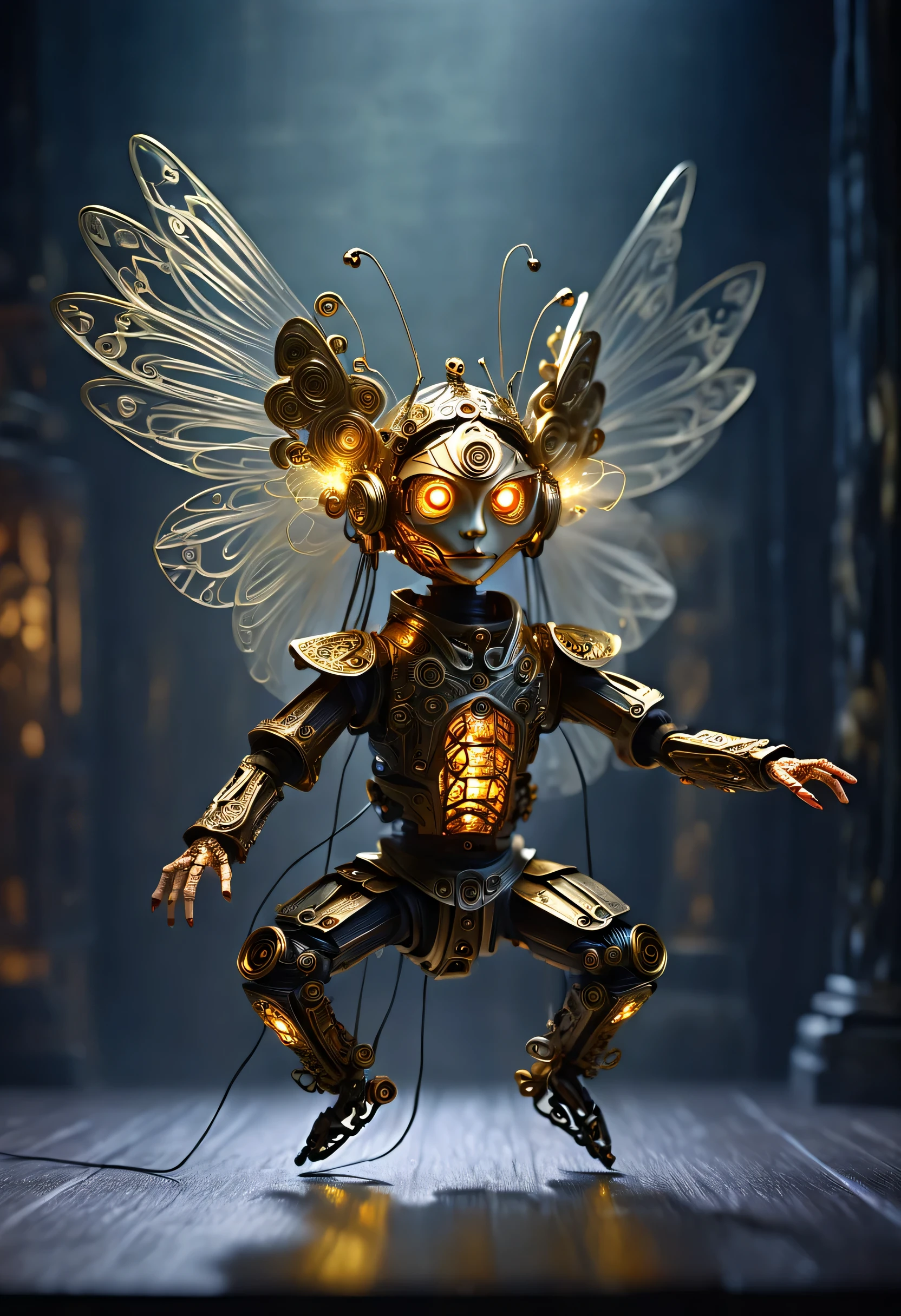 (Sword Dance Micro Mechanical Puppet: 1.37), acrylic style, robot character, beautiful details, (whole body: 0.65), Dynamic dance moves, (marionette), marionette, (Chinese shadow puppetry), Gold Line，rope， wings，eyes and face, Charming figure, Complex mechanisms, Mechanical structure, metallic feel, dark and mysterious atmosphere, bizarre realism, dramatic lighting, Aged and weathered appearance, Steampunk elements, Eerie and surreal atmosphere, intricate lace pattern, film composition, exquisite craft, Gothic aesthetics, strange beauty+, [high dynamic range], [fear], [concept artist], [sharp focus], [professional], [bright colors], [Bokeh], Vision,