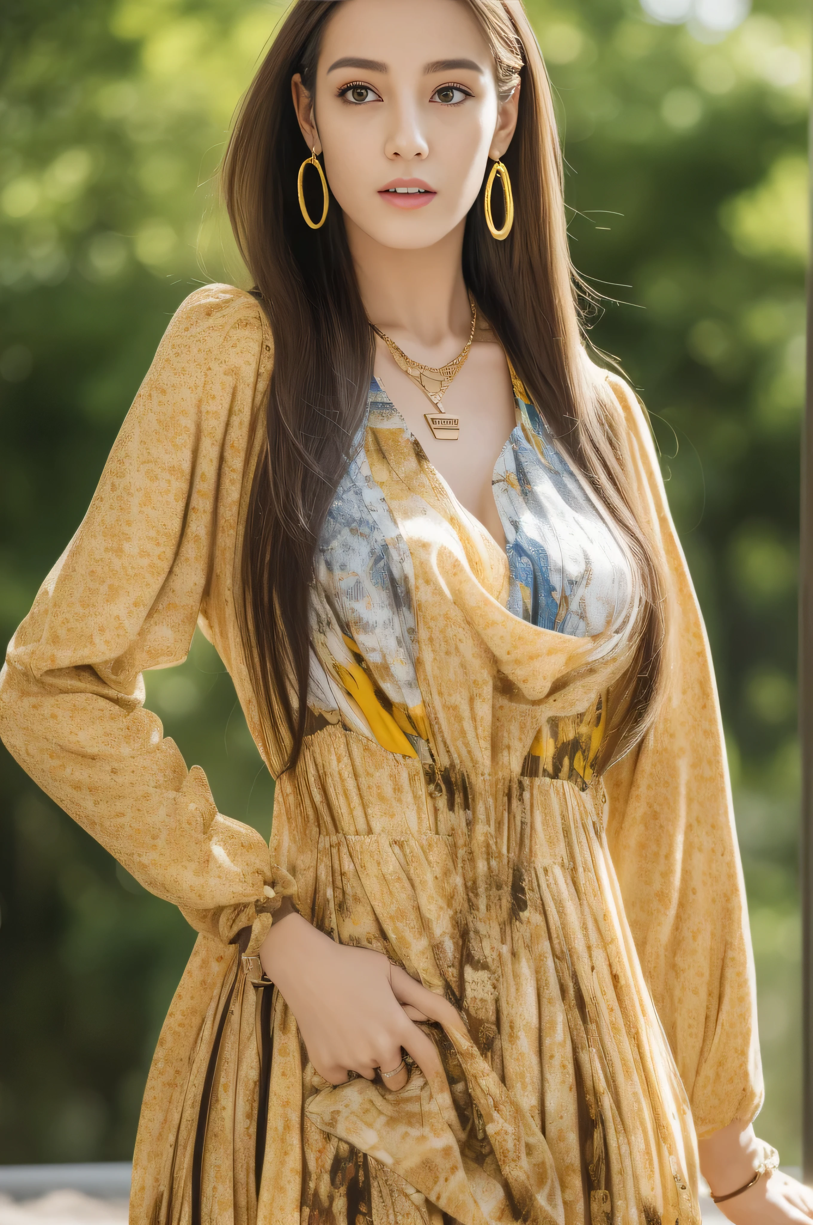 photorealistic:1.37, masterpiece, best quality, raw photo, absurdres, uhd, 1girl, wavy hair, brown hair, seductive , looking at viewer, detailed skin, pore, highres, hdr , beautiful model, soft light to the face,JP_MODELS,midium breasts, a 30 yo woman,in woods,((Long straight hair_Hair reaching down to the waist:1.3)),((gold necklace_Large earrings:1.2)),((Super long brown hair:1.2))、(((abstract printed dresses_long sleeve_wrap mini dresini dress:1.3)))
