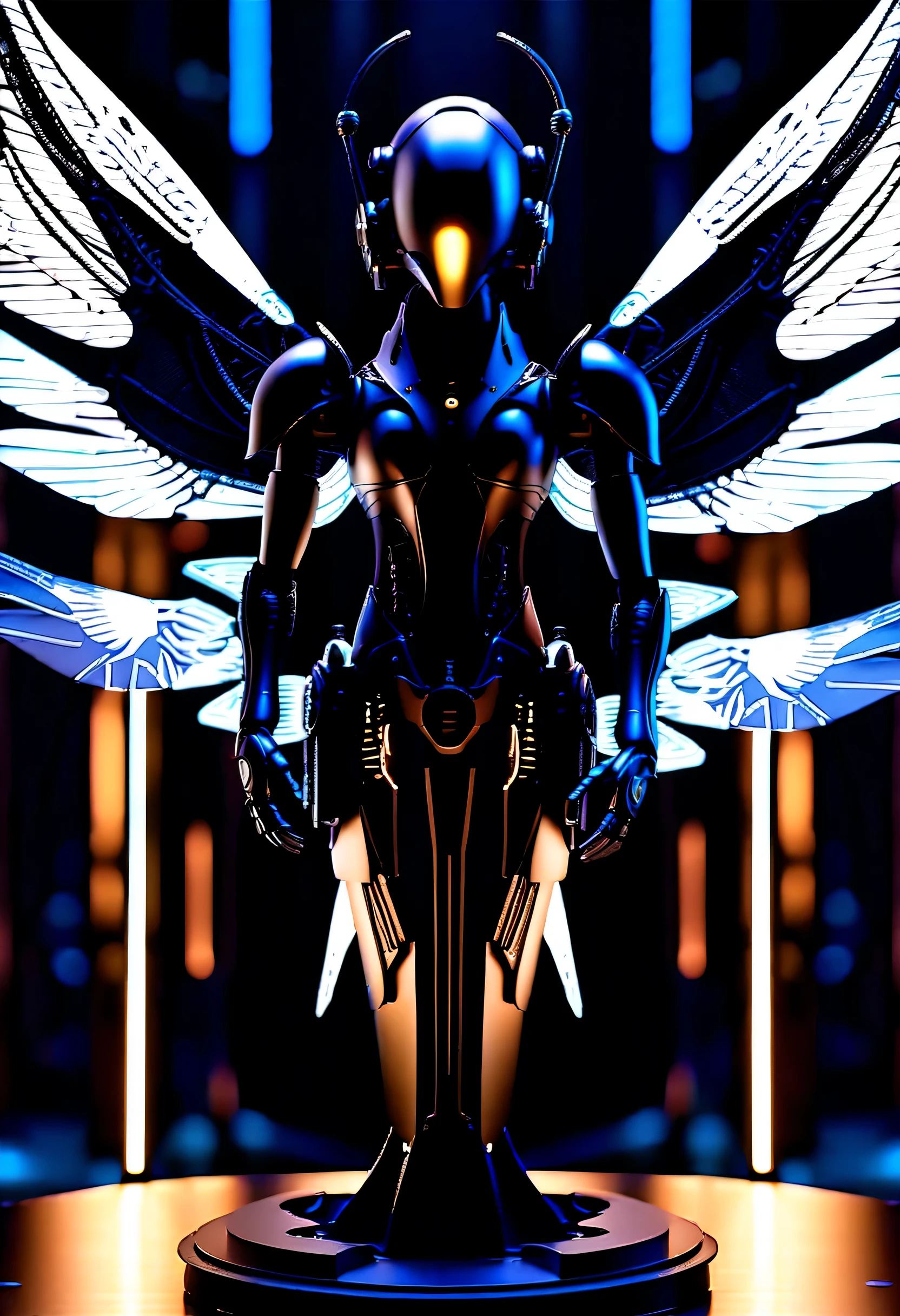 A scene straight out of a cyberpunk dream, A meticulously crafted contraption doll with a matte paint finish stands front and center, doll resembling an angel, Adorned with a futuristic monitor and delicately detailed glass wings that catch the light。, Stunning 3D rendering of matte and intricately detailed puppet designs,  All metal joints and glowing screens are、A visual masterpiece with clever contrast.。, futuristic and fantastic, A masterpiece of intricate mechanical engineering, Clever shadow contrast to highlight great details, Ultra-fine brushwork brings out intricate details, (((Deep matte dark color coating:1.3))), exquisite paintings, (((Amazing mechanical precision and artistry:1.2))), Every tiny detail is rendered in perfect, beautiful quality..