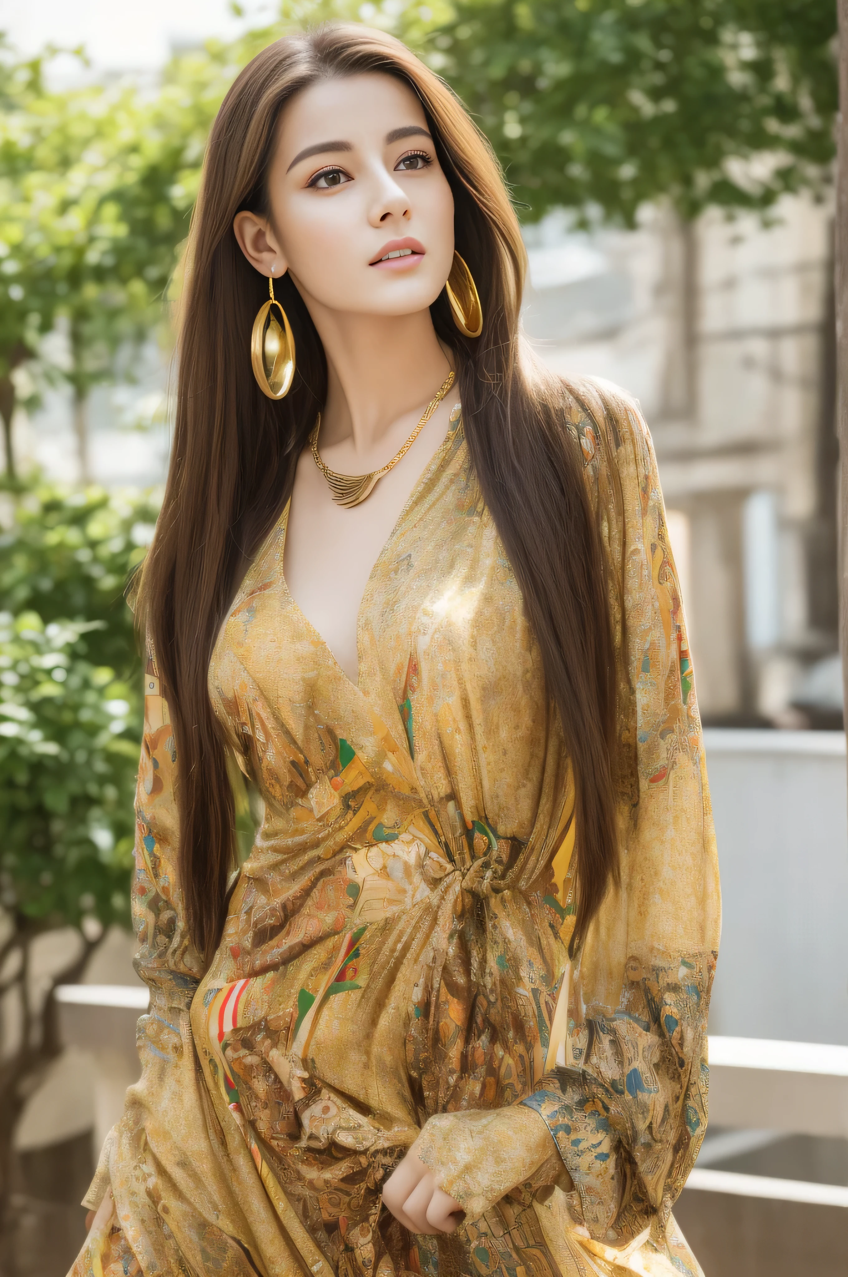 photorealistic:1.37, masterpiece, best quality, raw photo, absurdres, uhd, 1girl, wavy hair, brown hair, seductive , looking at viewer, detailed skin, pore, highres, hdr , beautiful model, soft light to the face,JP_MODELS,midium breasts, a 30 yo woman,in woods,((Long straight hair_Hair reaching down to the waist:1.3)),((gold necklace_Large earrings:1.2)),((Super long brown hair:1.2))、(((abstract printed dresses_long sleeve_wrap mini dresini dress:1.3)))