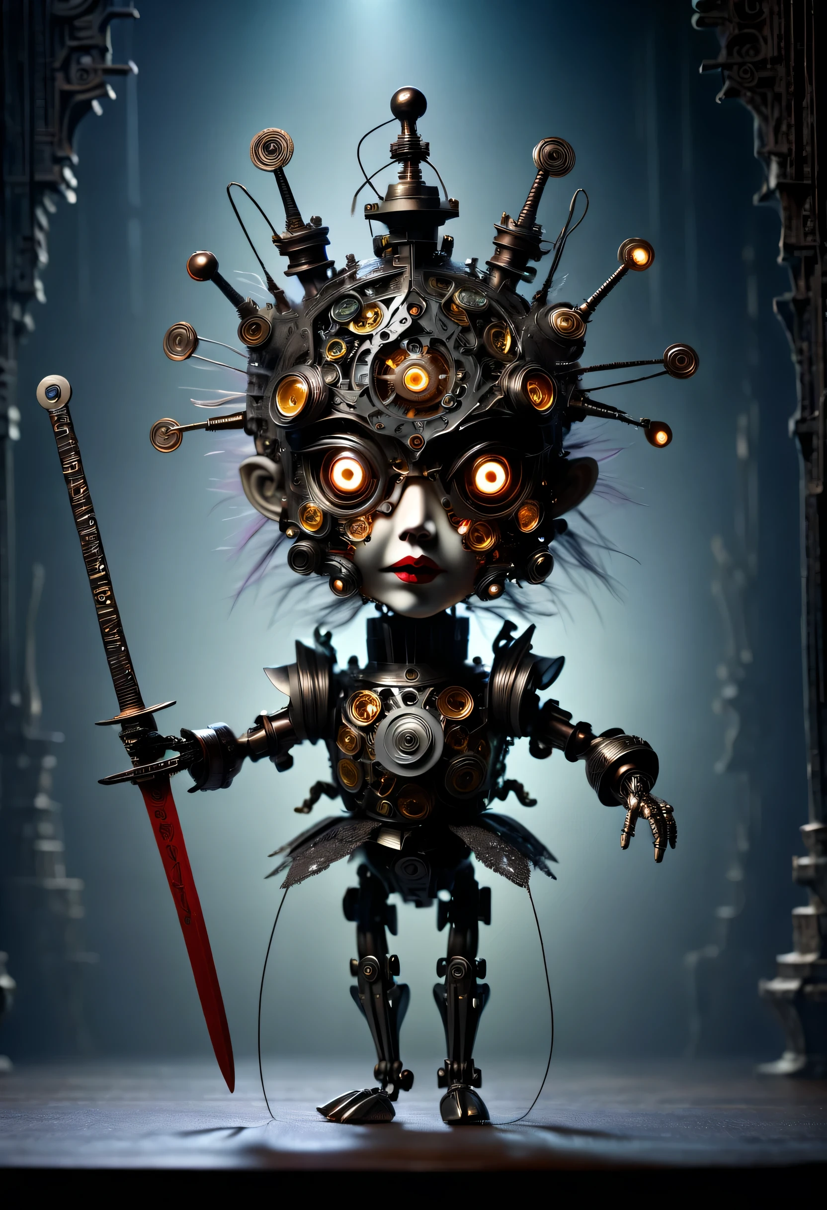 (Sword Dance Micro Mechanical Puppet: 1.37), acrylic style, robot character, beautiful details, (whole body: 0.65), Dynamic dance moves, (marionette), marionette, (Chinese shadow puppetry), eyes and face, Charming figure, Complex mechanisms, Mechanical structure, metallic feel, dark and mysterious atmosphere, bizarre realism, dramatic lighting, Aged and weathered appearance, Steampunk elements, Eerie and surreal atmosphere, intricate lace pattern, film composition, exquisite craft, Gothic aesthetics, strange beauty+, [high dynamic range], [fear], [concept artist], [sharp focus], [professional], [bright colors], [Bokeh], Vision,