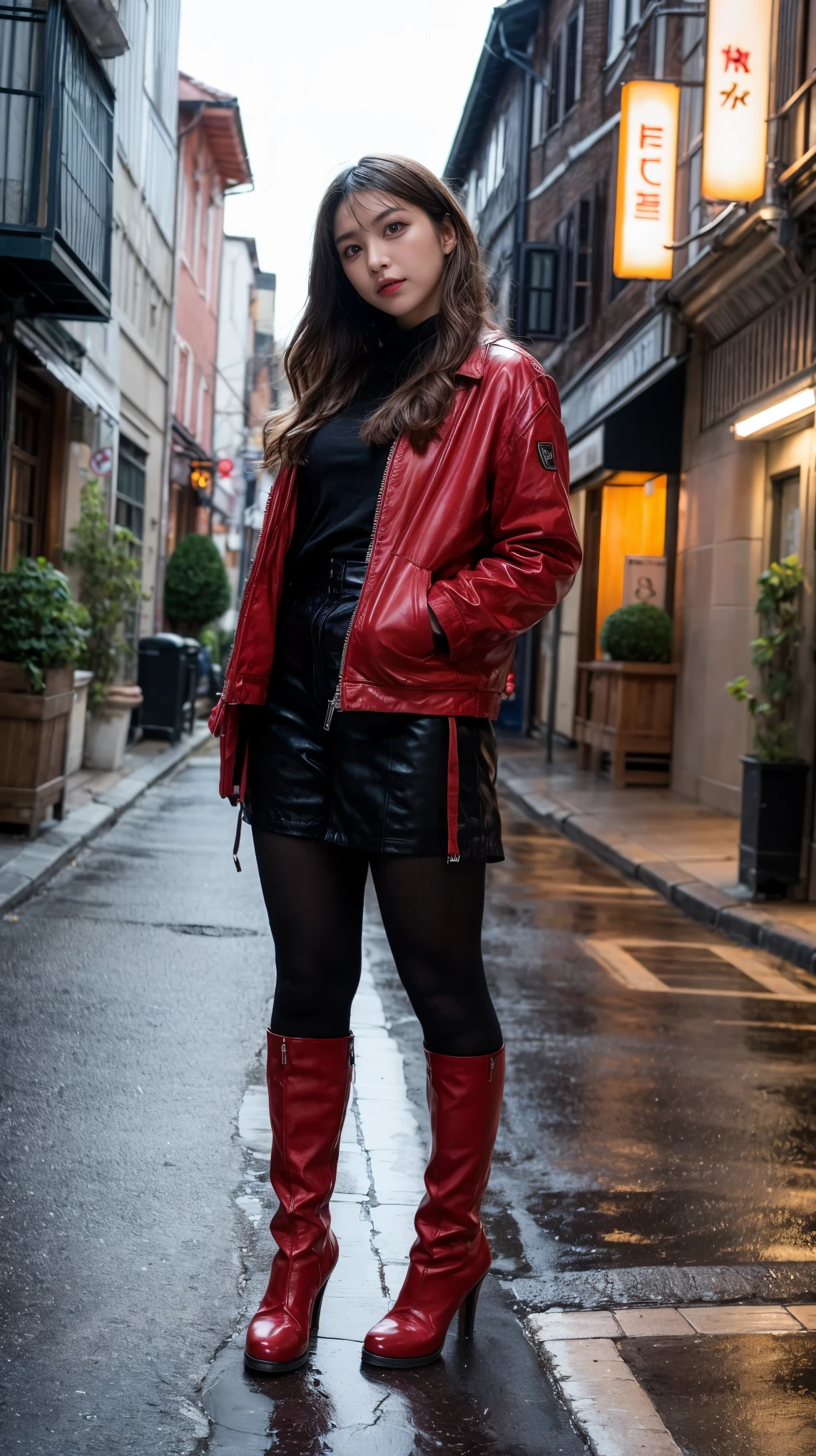 ulzzang-6500-v1.1, (RAW photo:1.2), (Photoreal), (genuine:1.4), 1 Japanese girl, warframe, complicated pattern, heavy metal, energy line, faceless, shining eyes, elegant, intense, blood red and black uniform, alone, modern, city, street, dark clouds, thunderstorm, heavy rain,, dramatic lighting,, (masterpiece:1.2), highest quality, High resolution,   beautiful, very detailed, perfect lighting, (full body shot:1.15), 