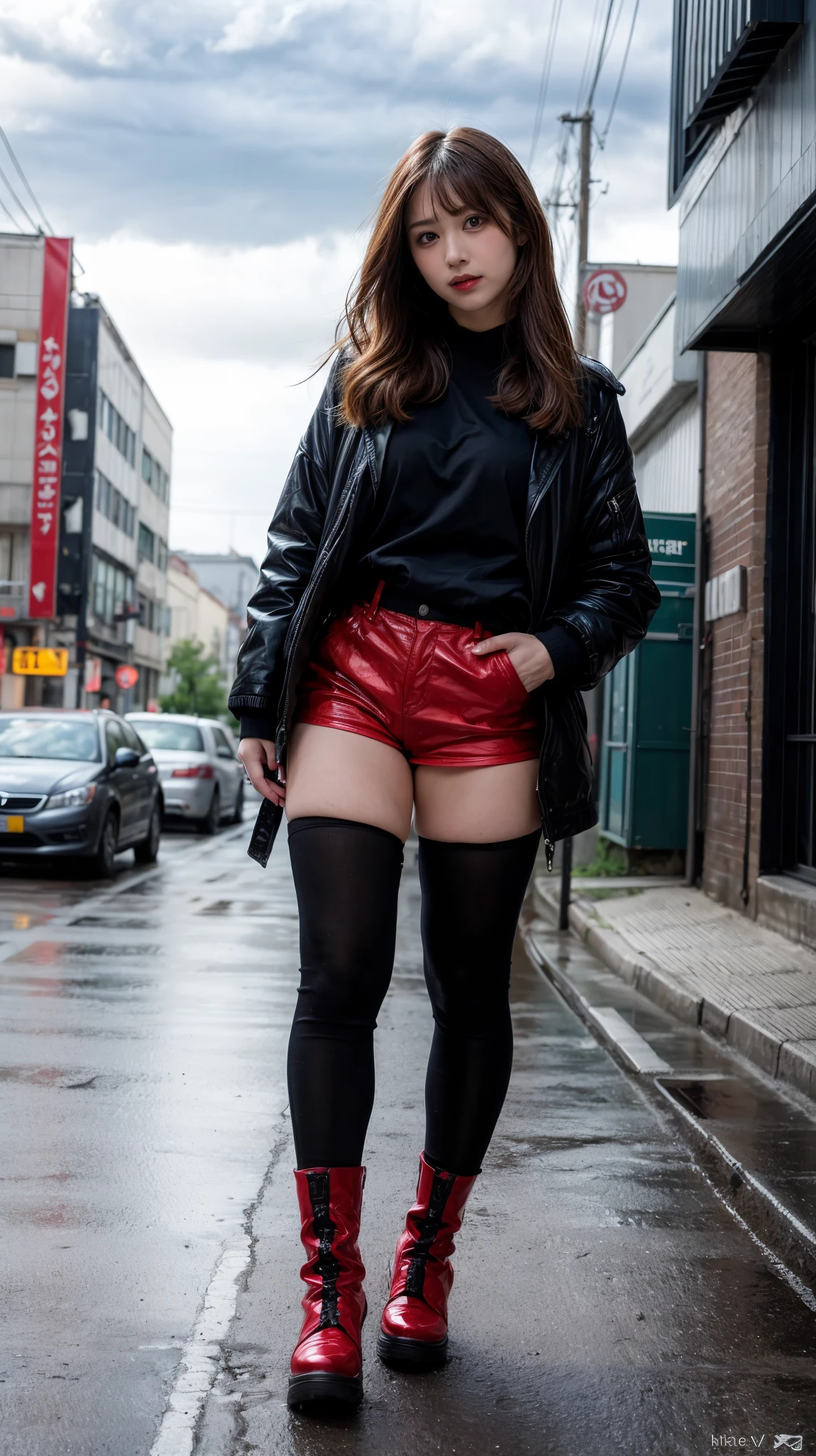 ulzzang-6500-v1.1, (RAW photo:1.2), (Photoreal), (genuine:1.4), 1 Japanese girl, warframe, complicated pattern, heavy metal, energy line, faceless, shining eyes, elegant, intense, blood red and black uniform, alone, modern, city, street, dark clouds, thunderstorm, heavy rain,, dramatic lighting,, (masterpiece:1.2), highest quality, High resolution,   beautiful, very detailed, perfect lighting, (full body shot:1.15), 