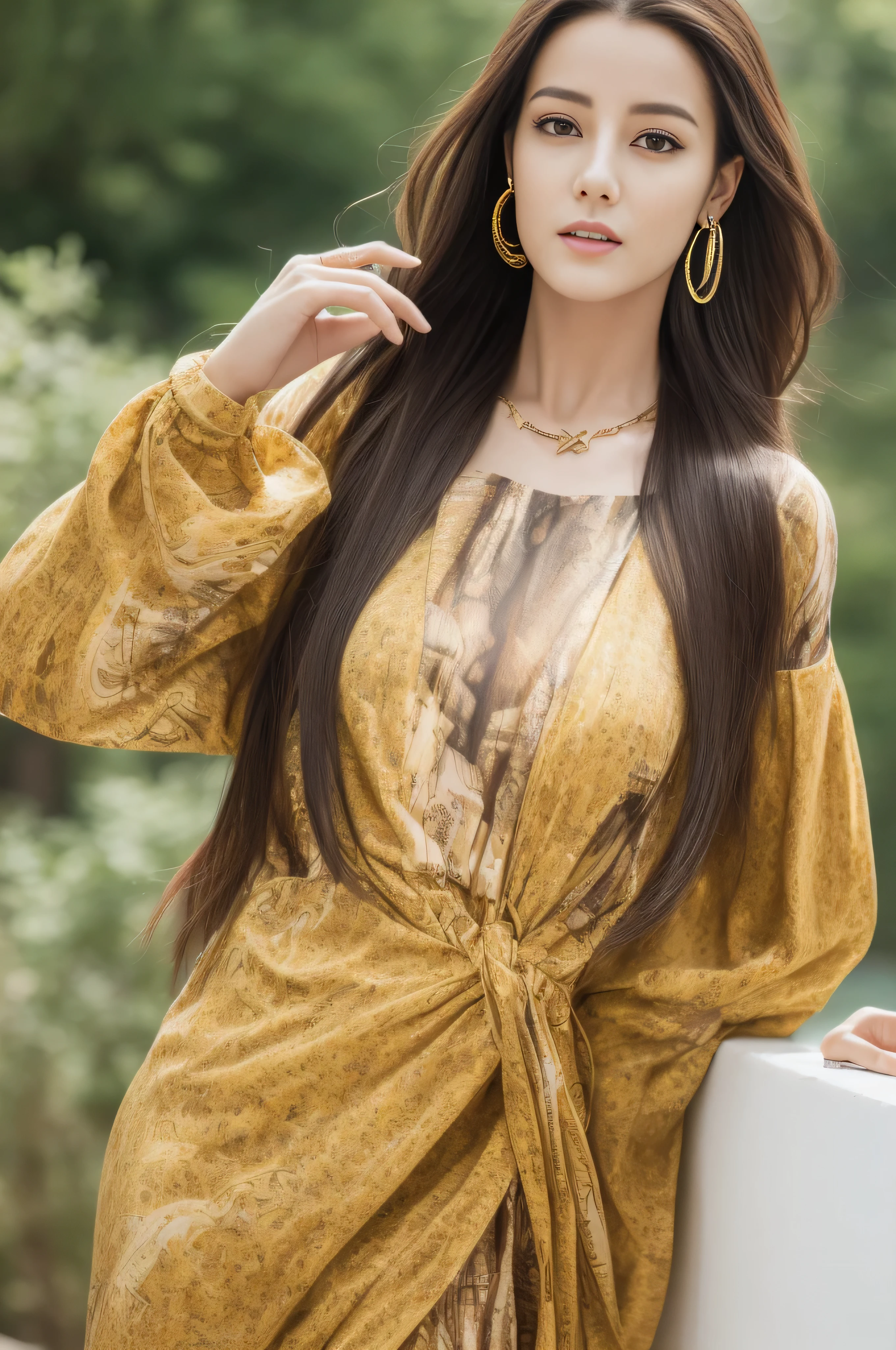 photorealistic:1.37, masterpiece, best quality, raw photo, absurdres, uhd, 1girl, wavy hair, brown hair, seductive , looking at viewer, detailed skin, pore, highres, hdr , beautiful model, soft light to the face,JP_MODELS,midium breasts, a 30 yo woman,in woods,((Long straight hair_Hair reaching down to the waist:1.3)),((gold necklace＿Large earrings:1.2)),((Super long brown hair:1.2))、(((abstract printed dresses_long sleeve＿wrap mini dresini dress:1.3)))