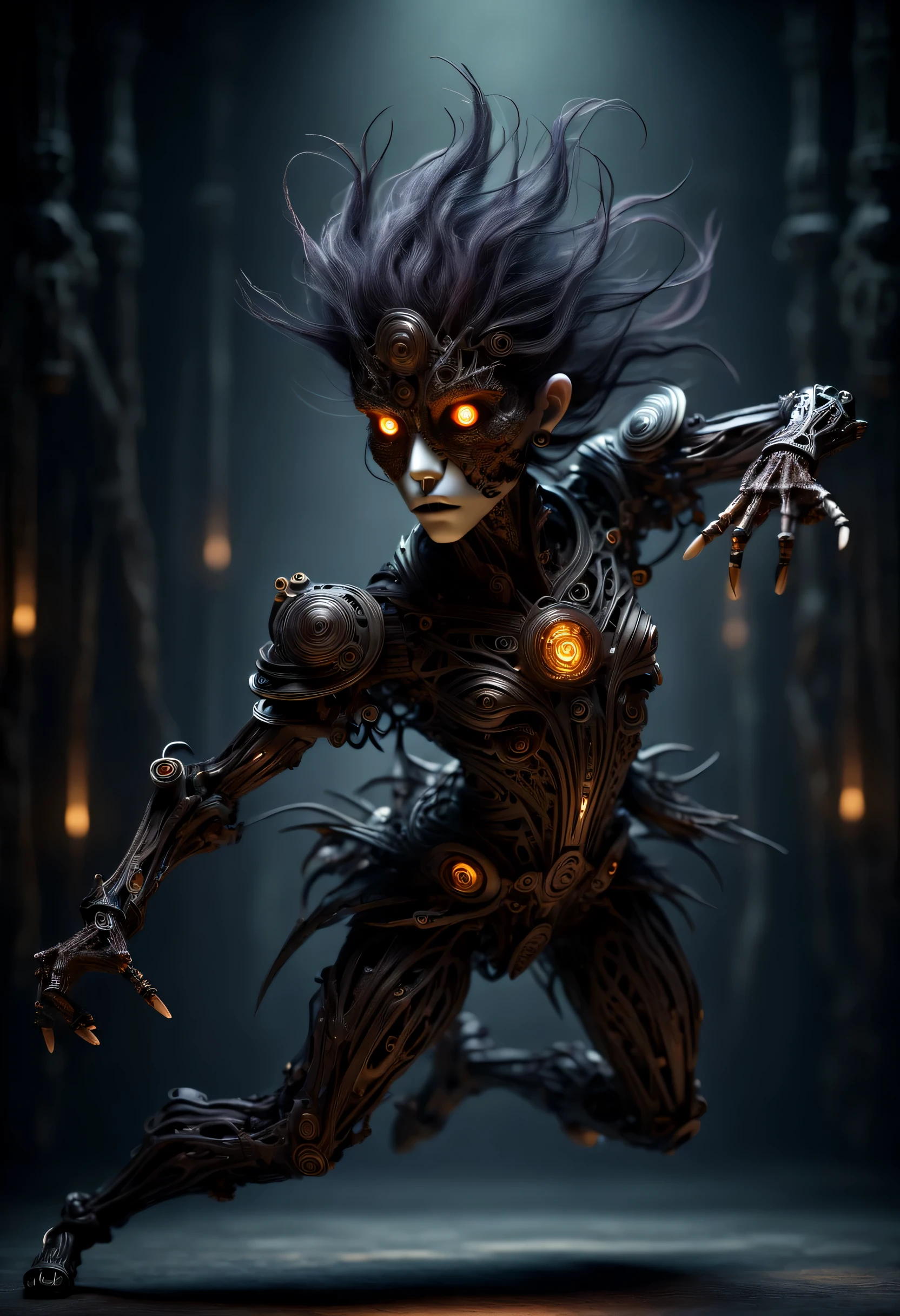 (Sword Dance Micro Mechanical Puppet: 1.37), acrylic style, robot character, beautiful details, (whole body: 0.65), Dynamic dance moves, (marionette), marionette, (Chinese shadow puppetry), eyes and face, Charming figure, Complex mechanisms, Mechanical structure, metallic feel, dark and mysterious atmosphere, bizarre realism, dramatic lighting, Aged and weathered appearance, Steampunk elements, Eerie and surreal atmosphere, intricate lace pattern, film composition, exquisite craft, Gothic aesthetics, strange beauty+, [high dynamic range], [fear], [concept artist], [sharp focus], [professional], [bright colors], [Bokeh], Vision,