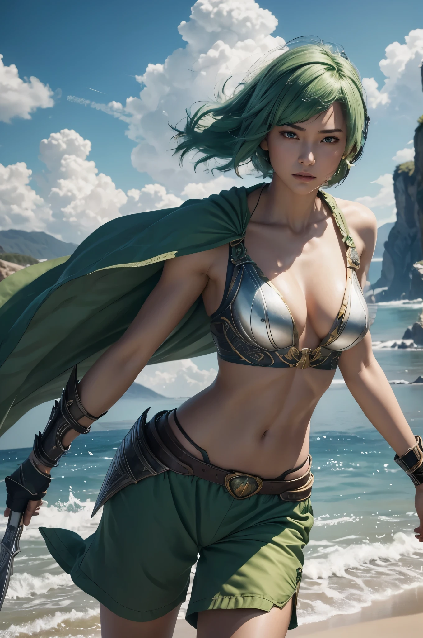 8k、alone,16歳のgoddess of the wind,Super beautiful(like the real thing),green eyes,Super beautiful,美しいGreen short bob hair,Flashy Fujin makeup,sexy wind god chest armor,sexy green shorts,Remains,amazing work of art、wind effect:1.9、cloud effect:1.2,full rendering、unreal engine,ultra high resolution,super realistic skin,Super precise hand details,fantasy art,Photorealistic RAW photos of the highest quality。Backlight, cinematic lighting, film grain, to be born, 50mm lens, Nikon D850,realistic skin,fantasy art,character art,ultra high resolution,Macho with a muscular slender body,Precise facial details,Improve the quality of facial expressions,accurate human body structure,perfect hands,Wind Hair Ornament,wind shoulder armor,gauntlet of wind,wind leg armor,Violent and strongly cracked abdominal muscles,goddess of the wind,perspective from above,Close-up,Green short bob hair,float,have a long and large spear(Wind god&#39;s spear),battle scene,fighting pose,dynamic pose,grim expression,view audience,