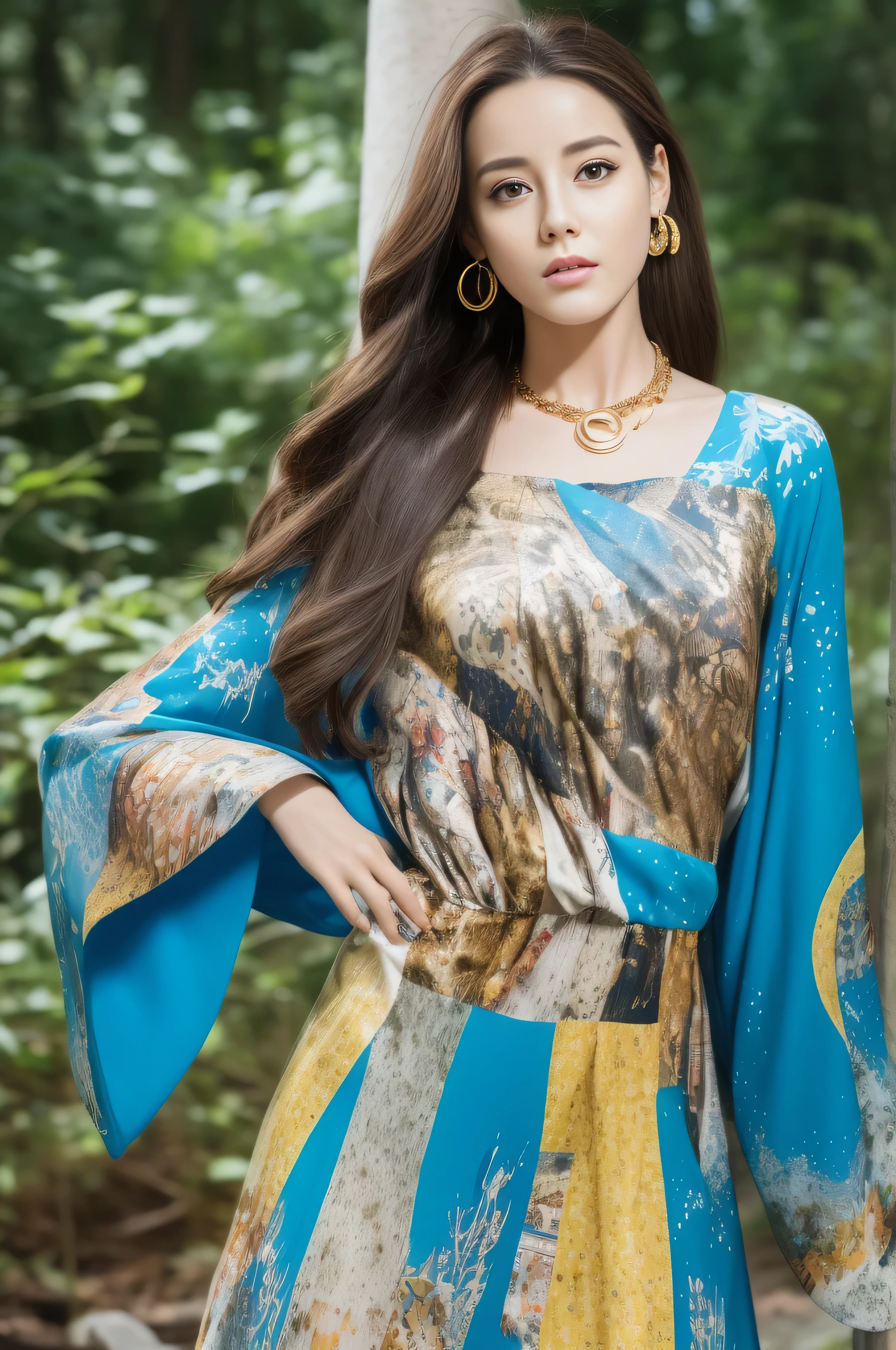 photorealistic:1.37, masterpiece, best quality, raw photo, absurdres, uhd, 1girl, wavy hair, brown hair, seductive , looking at viewer, detailed skin, pore, highres, hdr , beautiful model, soft light to the face,JP_MODELS,midium breasts, a 30 yo woman,in woods,((Long straight hair_Hair reaching down to the waist:1.3)),((gold necklace_Large earrings:1.2)),((Super long brown hair:1.2))、(((abstract printed dresses_blue dress_long sleeve_wrap mini dresini dress_super mini skirt:1.3)))