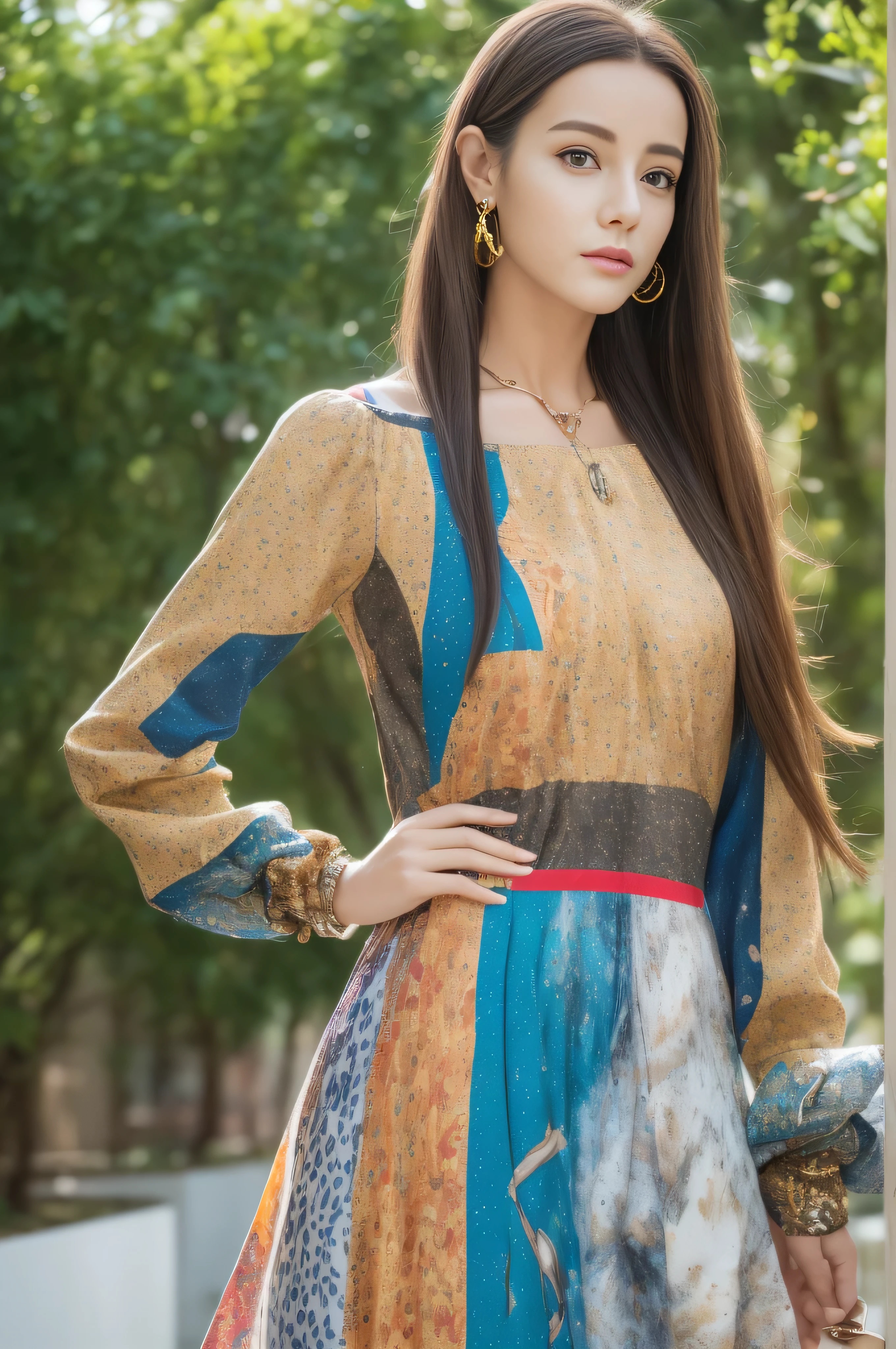 photorealistic:1.37, masterpiece, best quality, raw photo, absurdres, uhd, 1girl, wavy hair, brown hair, seductive , looking at viewer, detailed skin, pore, highres, hdr , beautiful model, soft light to the face,JP_MODELS,midium breasts, a 30 yo woman,in woods,((Long straight hair_Hair reaching down to the waist:1.3)),((gold necklace_Large earrings:1.2)),((Super long brown hair:1.2))、(((abstract printed dresses_blue dress_long sleeve_wrap mini dresini dress_super mini skirt:1.3)))