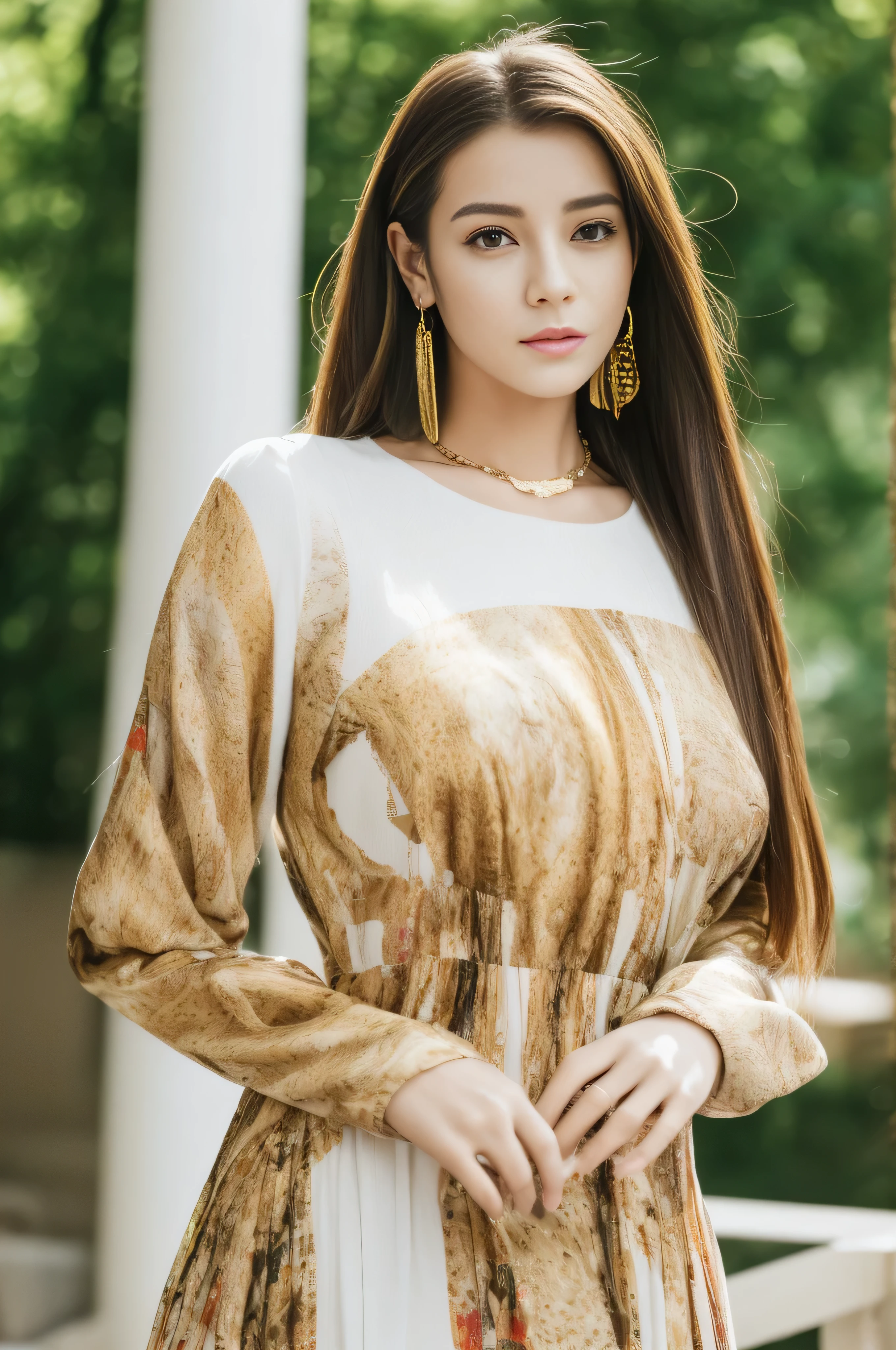 photorealistic:1.37, masterpiece, best quality, raw photo, absurdres, uhd, 1girl, wavy hair, brown hair, seductive , looking at viewer, detailed skin, pore, highres, hdr , beautiful model, soft light to the face,JP_MODELS,midium breasts, a 30 yo woman,in woods,((Long straight hair_Hair reaching down to the waist:1.3)),((gold necklace_Large earrings:1.2)),((Super long brown hair:1.2))、(((abstract printed dresses_white dress_long sleeve_wrap mini dresini dress_super mini skirt:1.3)))