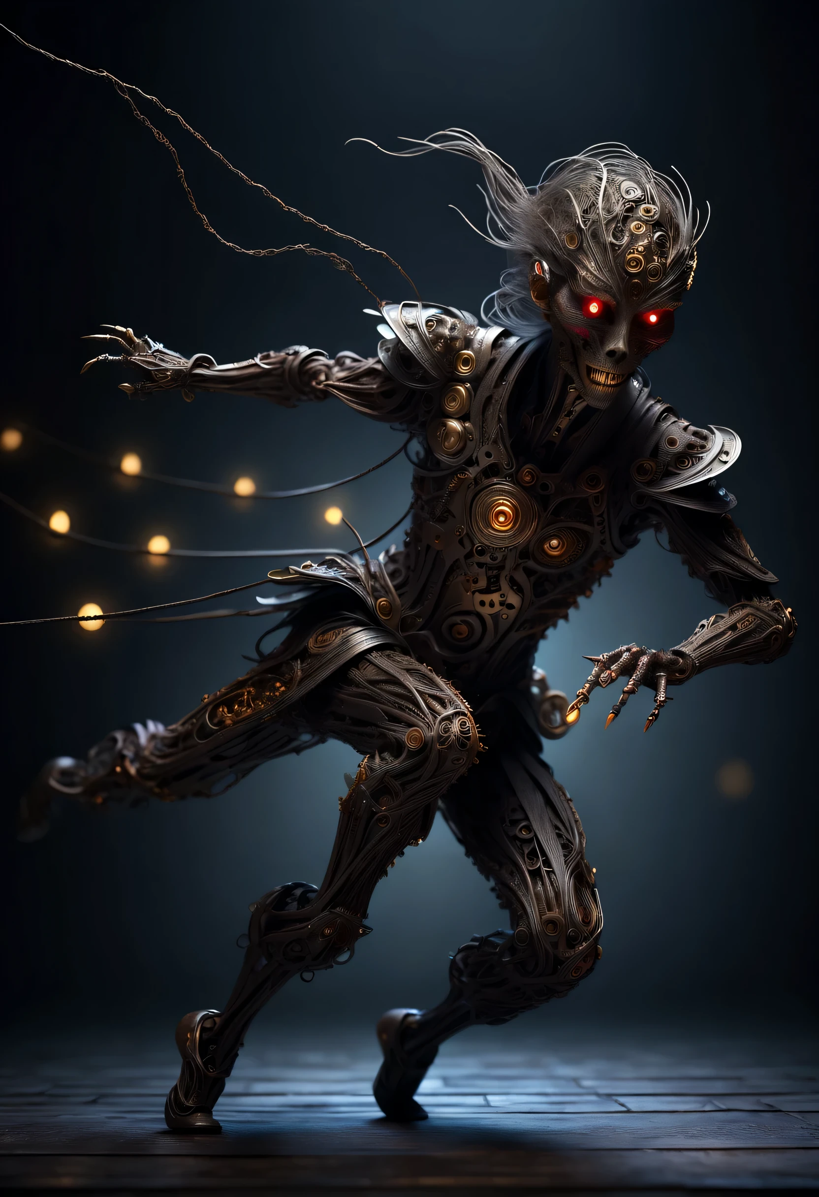 (Sword Dance Micro Mechanical Puppet: 1.37), acrylic style, robot character, beautiful details, (whole body: 0.65), Dynamic dance moves, (marionette), marionette, (Chinese shadow puppetry), eyes and face, Charming figure, Complex mechanisms, iron wire，cotton，Gold Line，Mechanical structure, metallic feel, dark and mysterious atmosphere, bizarre realism, dramatic lighting, Aged and weathered appearance, Steampunk elements, Eerie and surreal atmosphere, intricate lace pattern, film composition, exquisite craft, Gothic aesthetics, strange beauty+, [high dynamic range], [fear], [concept artist], [sharp focus], [professional], [bright colors], [Bokeh], Vision,