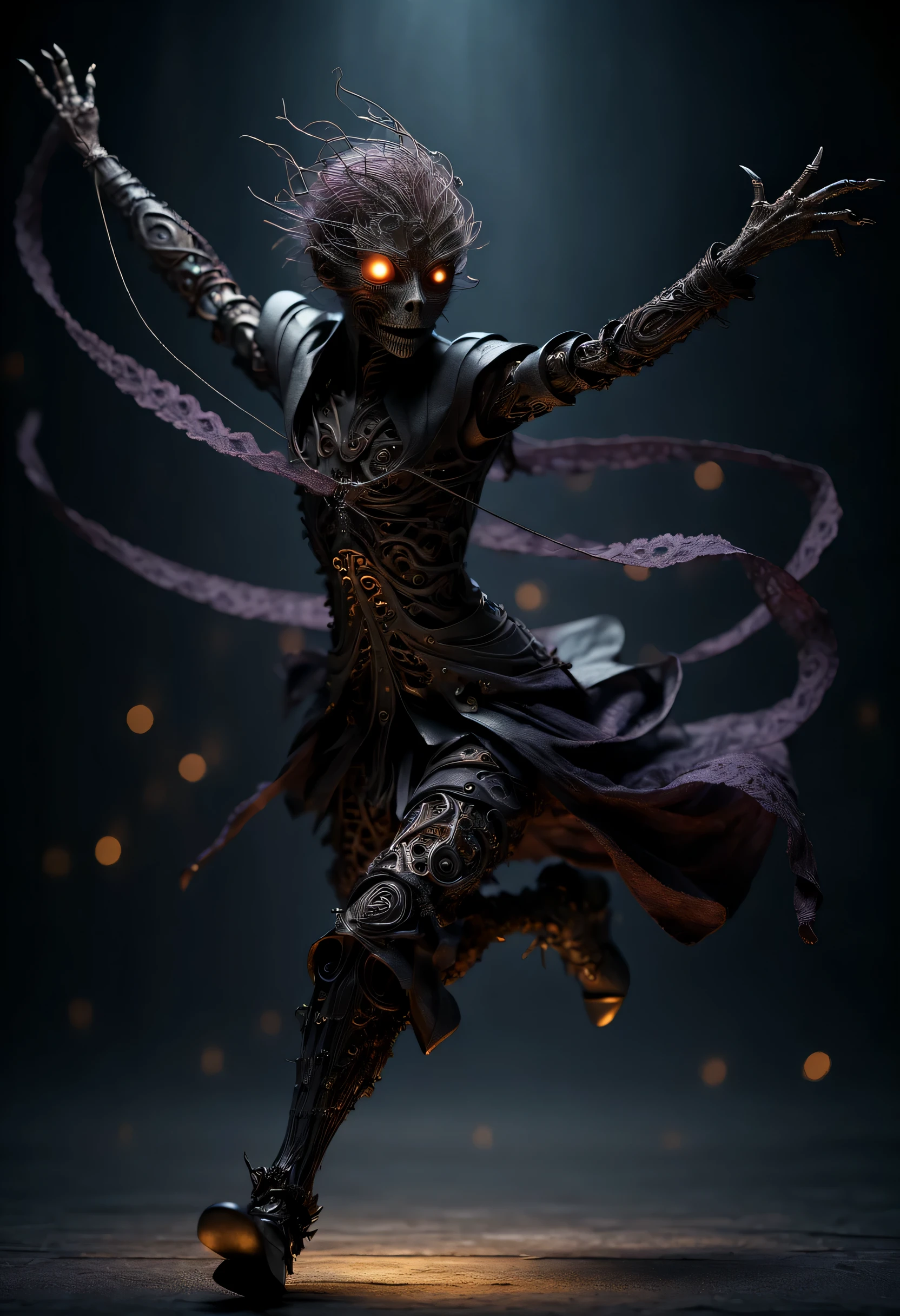 (Sword Dance Micro Mechanical Puppet: 1.37), acrylic style, robot character, beautiful details, (whole body: 0.65), Dynamic dance moves, (marionette), marionette, (Chinese shadow puppetry), Gold Line，rope， wings，eyes and face, Charming figure, Complex mechanisms, Mechanical structure, metallic feel, dark and mysterious atmosphere, bizarre realism, dramatic lighting, Aged and weathered appearance, Steampunk elements, Eerie and surreal atmosphere, intricate lace pattern, film composition, exquisite craft, Gothic aesthetics, strange beauty+, [high dynamic range], [fear], [concept artist], [sharp focus], [professional], [bright colors], [Bokeh], Vision,