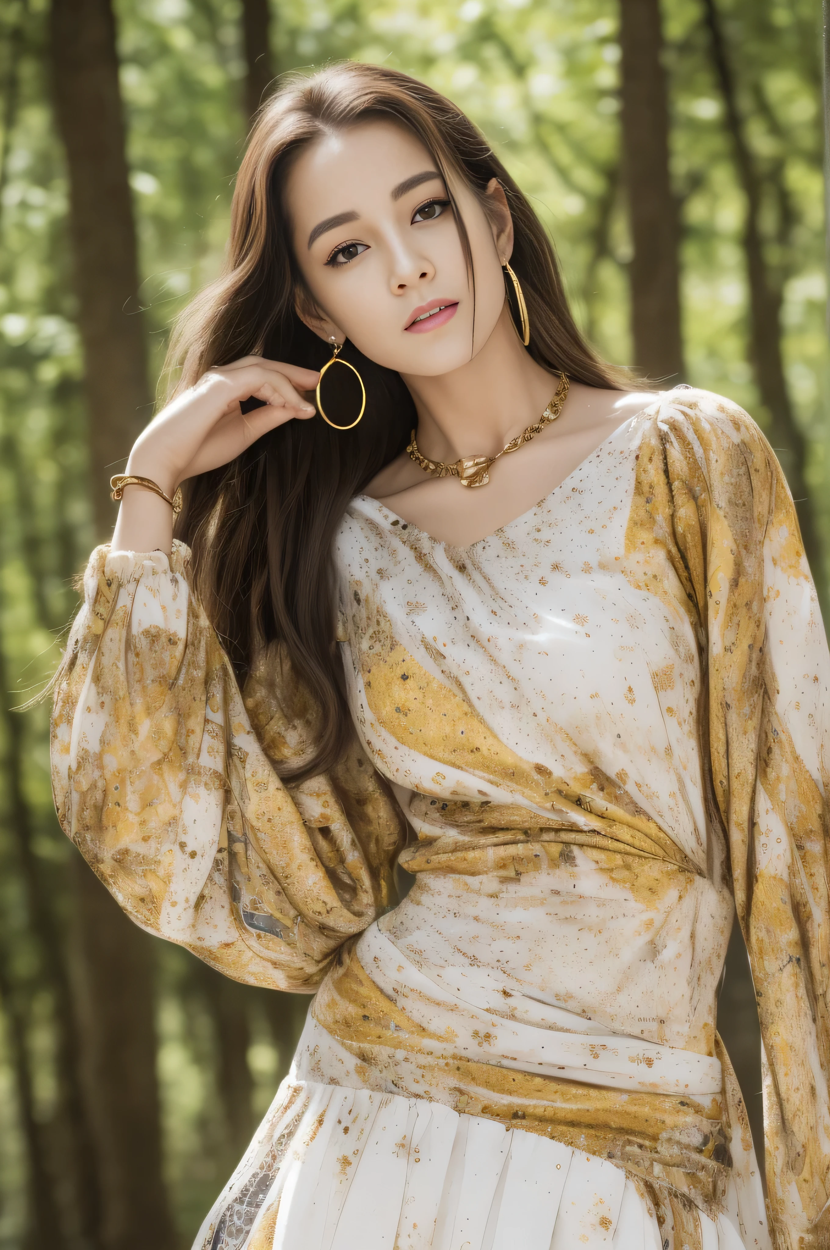 photorealistic:1.37, masterpiece, best quality, raw photo, absurdres, uhd, 1girl, wavy hair, brown hair, seductive , looking at viewer, detailed skin, pore, highres, hdr , beautiful model, soft light to the face,JP_MODELS,midium breasts, a 30 yo woman,in woods,((Long straight hair_Hair reaching down to the waist:1.3)),((gold necklace＿Large earrings:1.2)),((Super long brown hair:1.2))、(((abstract printed dresses_white dress＿long sleeve＿wrap mini dresini dress＿super mini skirt:1.3)))