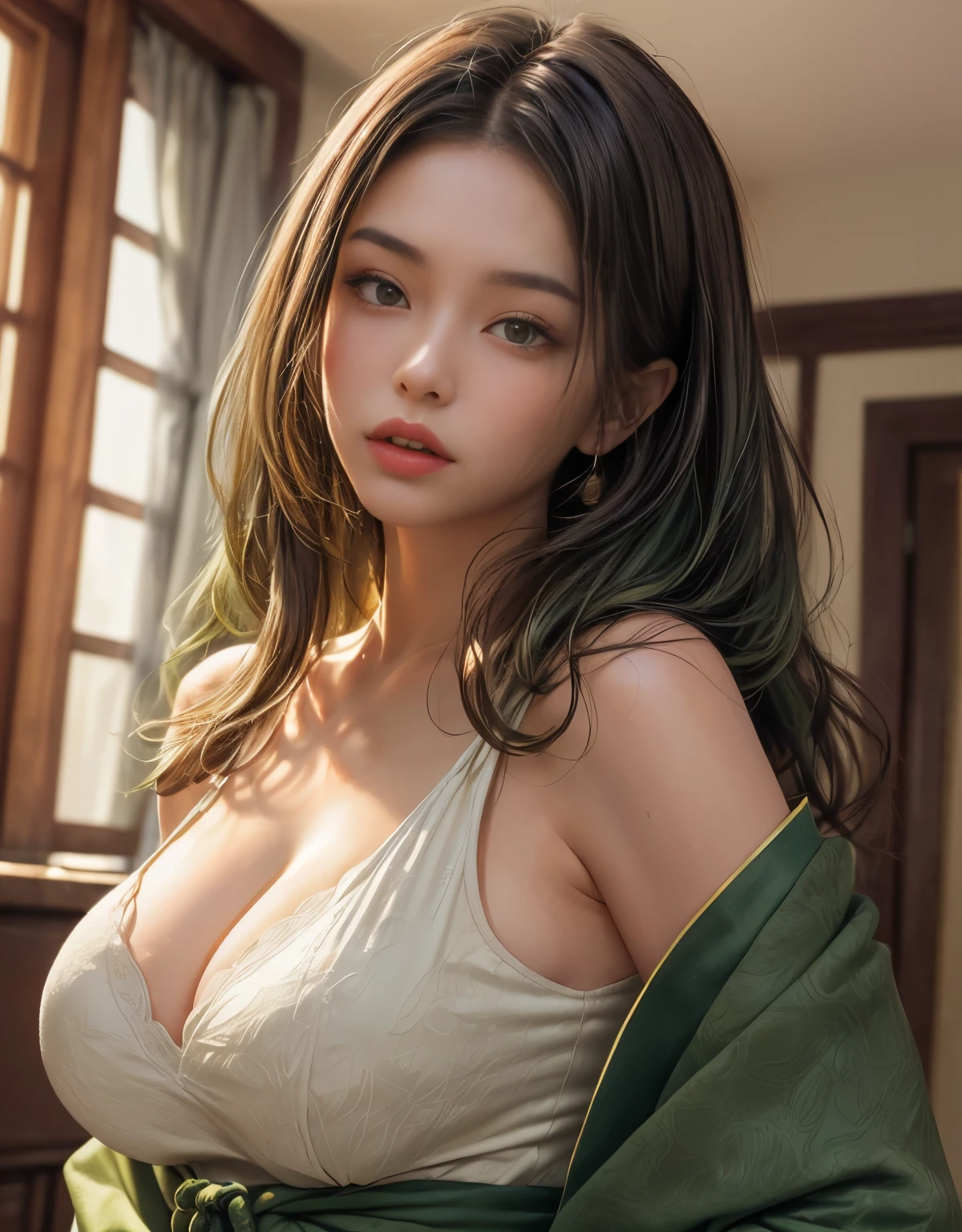 (A beautiful model plays a prostitute in an epic Japanese drama:1.3, Date Hyogo hairstyle:1.6, oran style:1.4), (alone), ((face is 80% beauty and elegance, 20% pretty and cute):1.5), (Her roots are in Eastern Europe and Asia), clear eyes, (fine eyes, light green eyes, bright eyes), double eyelid, (Slightly thick and sexy lips:1.2), super detailed and incredibly high resolution oran style Kimono, Highly detailed facial texture, impressive body shape, curvaceous and very attractive woman, The colors of oran style kimonos are very colorful, original, and gorgeous, High resolution RAW color photo Professional photo, break (Wearing a colorful oran style kimono with plenty of bright matcha green color), (The main color is gentle white, Bright matcha green stands out), (elaborately made classical Japanese colorful oran style kimono), ((The pattern is a bright matcha green marble pattern., dark matcha green, and white mixed together, Like matcha me)), (black oran style obi that matches this oran style kimono), ((bright matcha green and dark matcha Green and white marble pattern oran style kimono)), (The background is a Japanese-style room | Oyashitsu) break ((highest quality, 8k)), sharp focus: 1.2, (layer cut, big: 1.2), (perfect portrait: 1.4 ), (Beautiful shape and big breasts: 1.3), thin waist, (correct hand shape: 1.5), (full body shot | cowboy shot | Rear view)