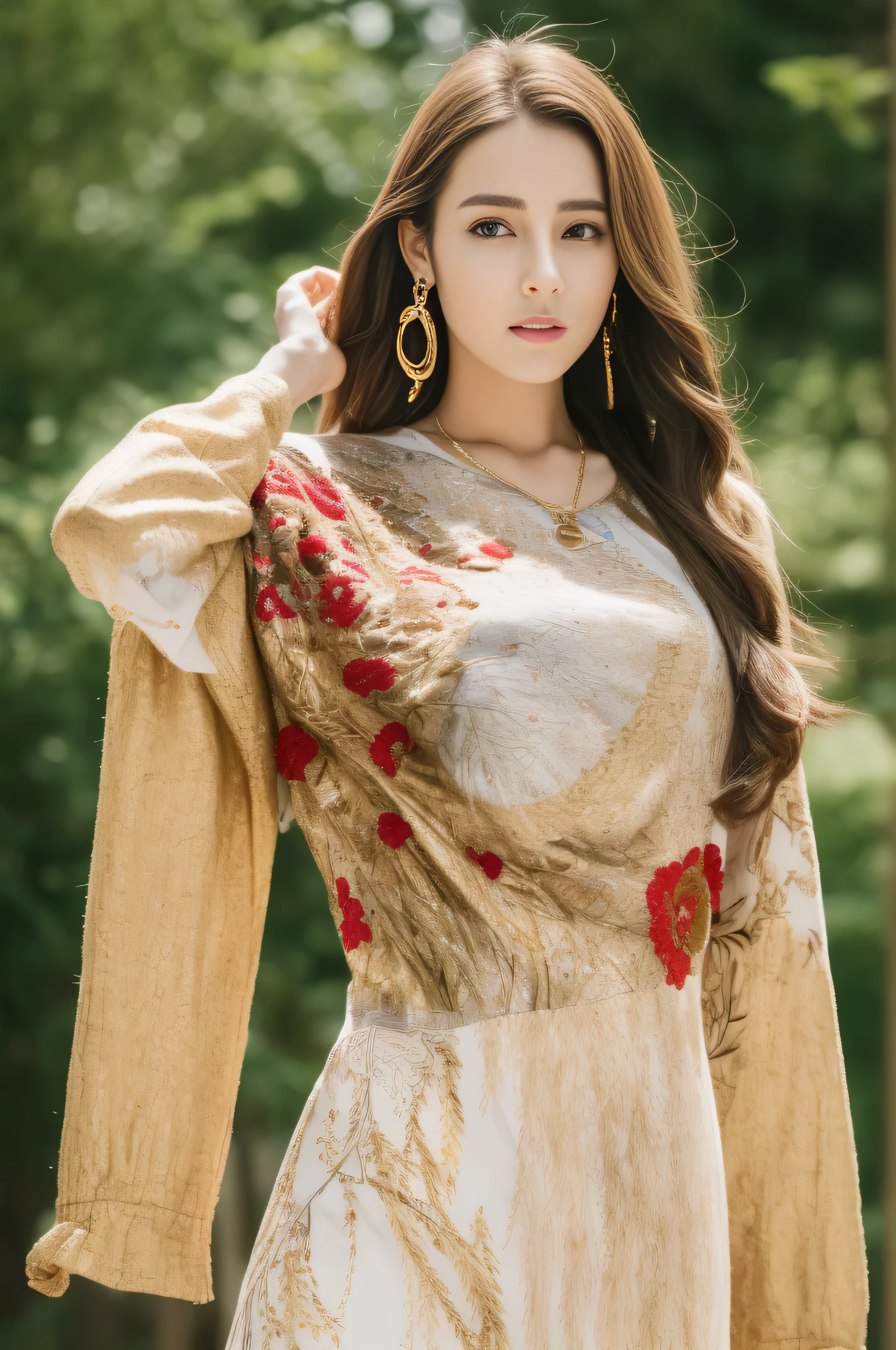 photorealistic:1.37, masterpiece, best quality, raw photo, absurdres, uhd, 1girl, wavy hair, brown hair, seductive , looking at viewer, detailed skin, pore, highres, hdr , beautiful model, soft light to the face,JP_MODELS,midium breasts, a 30 yo woman,in woods,((Long straight hair_Hair reaching down to the waist:1.3)),((gold necklace＿Large earrings:1.2)),((Super long brown hair:1.2))、(((abstract printed dresses_white dress＿fancy gold embroidery＿long sleeve＿wrap mini dresini dress＿super mini skirt:1.3)))
