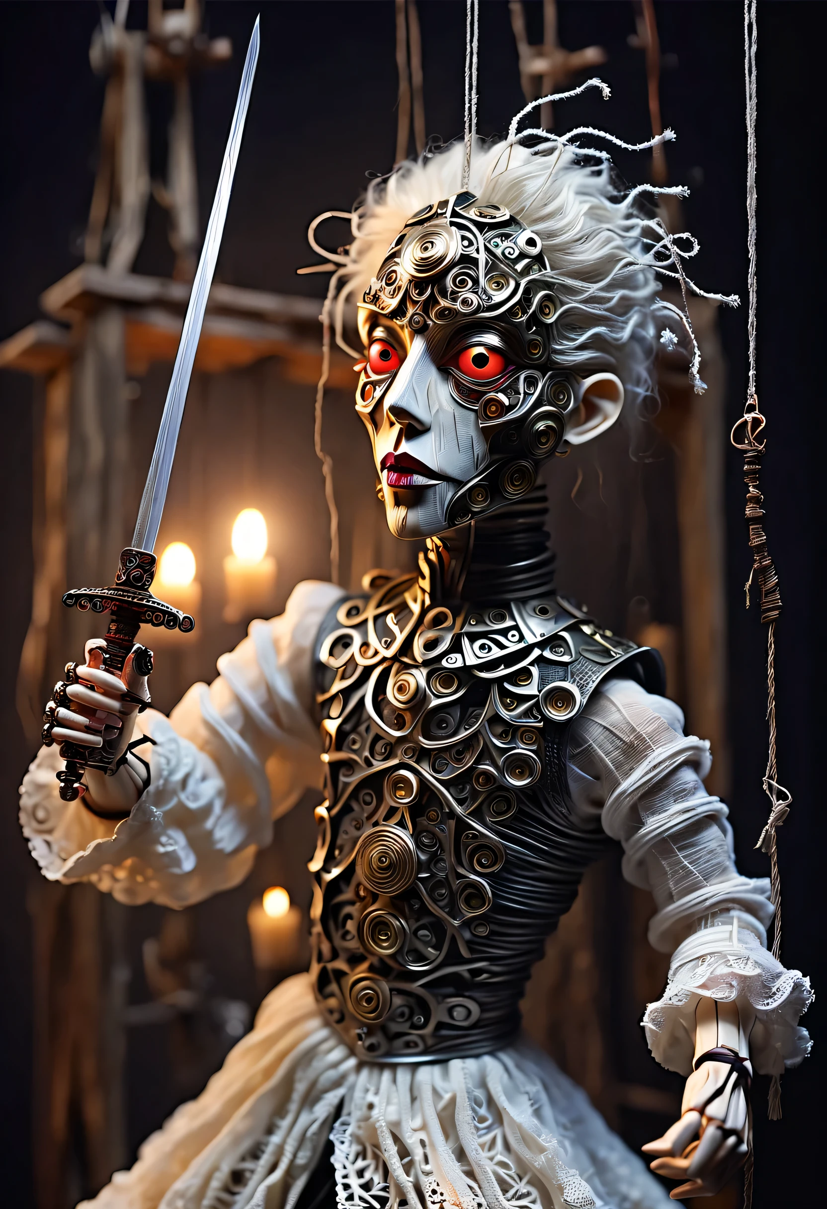 (Sword Dance Micro Mechanical Puppet: 1.37), acrylic style, robot character, beautiful details, (whole body: 0.65), Dynamic dance moves, (marionette), marionette, (Chinese shadow puppetry), Gold Line，rope， wings，eyes and face, Charming figure, Complex mechanisms, Mechanical structure, metallic feel, dark and mysterious atmosphere, bizarre realism, dramatic lighting, Aged and weathered appearance, Steampunk elements, Eerie and surreal atmosphere, intricate lace pattern, film composition, exquisite craft, Gothic aesthetics, strange beauty+, [high dynamic range], [fear], [concept artist], [sharp focus], [professional], [bright colors], [Bokeh], Vision,