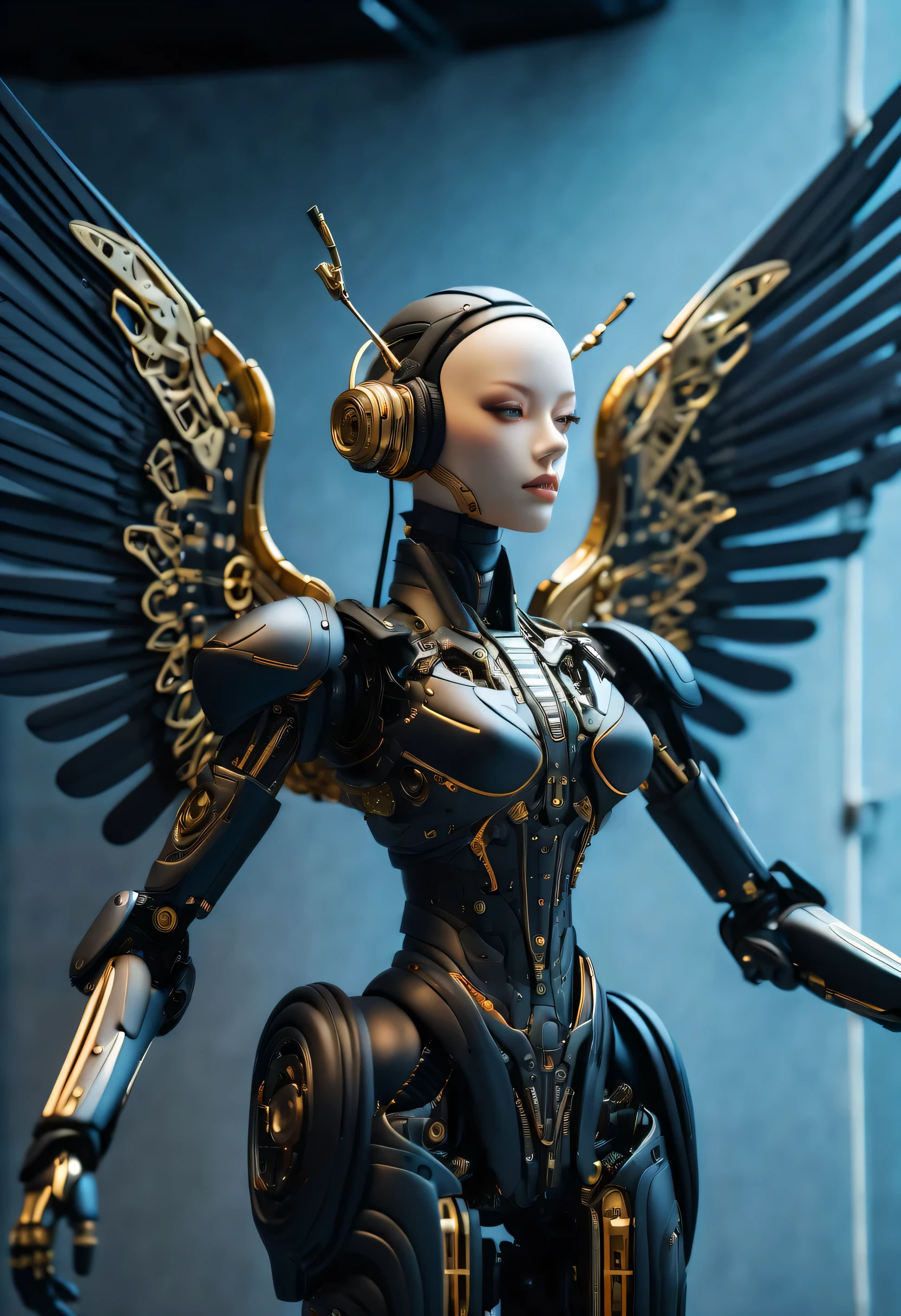 A scene straight out of a cyberpunk dream, A meticulously crafted contraption doll with a matte paint finish stands front and center, doll resembling an angel, Adorned with a futuristic monitor and delicately detailed glass wings that catch the light。, Stunning 3D rendering of matte and intricately detailed puppet designs,  All metal joints and glowing screens are、A visual masterpiece with clever contrast.。, futuristic and fantastic, A masterpiece of intricate mechanical engineering, Clever shadow contrast to highlight great details, Ultra-fine brushwork brings out intricate details, (((Deep matte dark color coating:1.3))), exquisite paintings, (((Amazing mechanical precision and artistry:1.2))), Every tiny detail is rendered in perfect, beautiful quality..