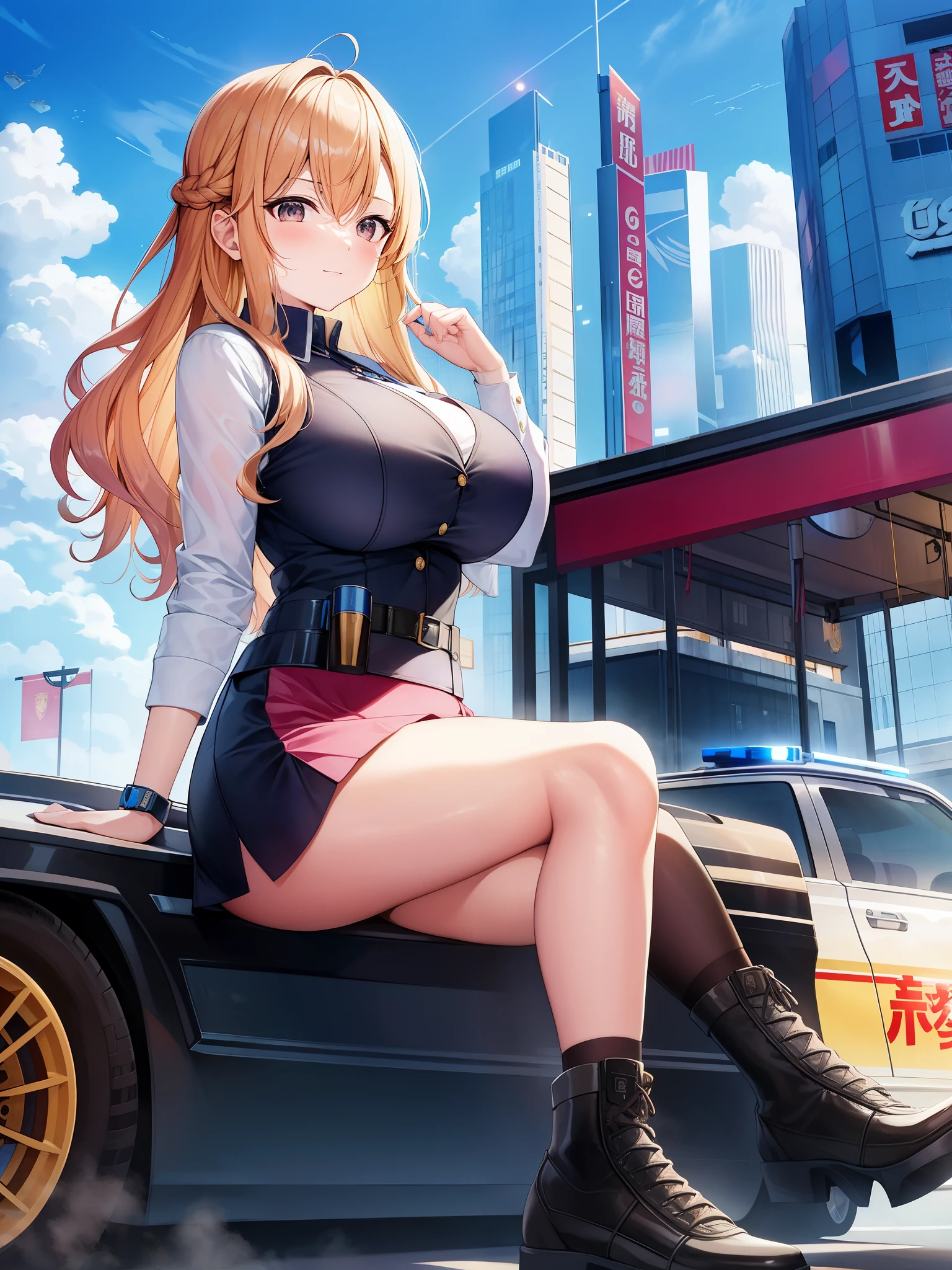 Police Box in Front of Kameari Park, Katsushika Ward、police box、police car、Akimoto, Catherine, Reiko、(((pink police officer outfit)))+++、blonde long hair、brown eyes、big tits milf、big tits milf、big tits milf、Super celebrity police officer Reiko、Akimoto trade、fashion designer、Big rich、Professional level skill in all sports、Piano playing、His shooting skills are also superhuman, as he used a rifle to shoot through parachute strings at an altitude of several hundred meters.、I once won a gold medal at the Olympics。I'm also good at driving a car.、My favorite car is Porsche。Launching an airstrike using a combat helicopter、