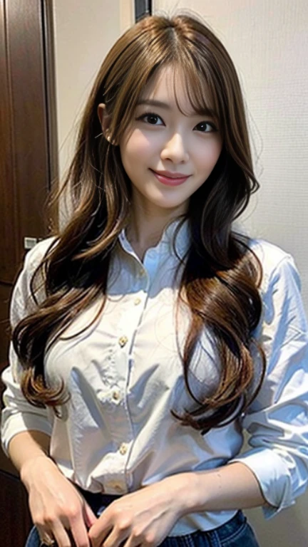 masterpiece、1 beautiful girl、A detailed eye、Puffy eyes、top-quality, 超A high resolution, (Realisticity: 1.4), Bright sunshine、japanes、Asian Beauty、Korea person、Super beauty、Beautiful skin、A slender、The body is facing forward、(A hyper-realistic)、(hight resolution)、(8K)、(ighly detailed)、(beautifully detailed eyes)、(ultra-detailliert)、 (wall-paper)、A detailed face、Bright lighting、profetional lighting、looking at viewert、Facing straight ahead、(She wears a neat white shirt)、(A smile,1.2)、Brown hair、Japan idle、korean idol、hposing Gravure Idol、actress、age19、tall,