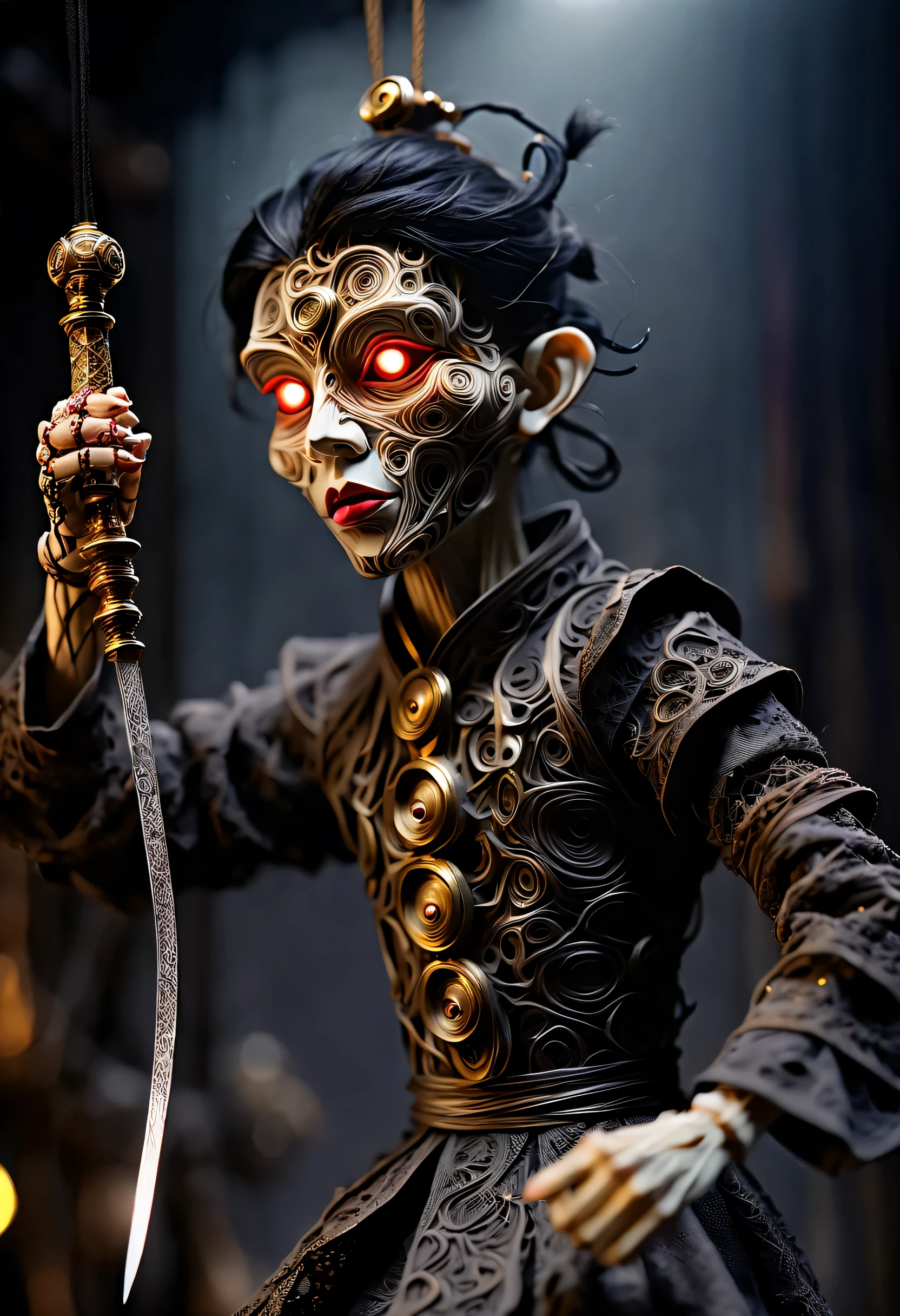 (Many cotton threads hang a small mechanical puppet dancing with a sword: 1.37), acrylic style, puppet art,
robot character, beautiful details, (whole body: 1.00), Dynamic dance moves, (puppet), puppet, wood, rope, (Chinese shadow puppetry), eyes and face, charming figure, limbs controlled by ropes, The mechanism is complex, Mechanical structure, metallic feel, dark and mysterious atmosphere, strange realism, dramatic lighting, Aged and weathered appearance, Steampunk elements, Eerie and surreal atmosphere, intricate lace pattern, film composition, exquisite craft, Gothic aesthetics, strange beauty+, [high dynamic range], [fear], [concept artist], [sharp focus], [professional], [bright colors], [Bokeh], Large-range lenses, shallow view deep,