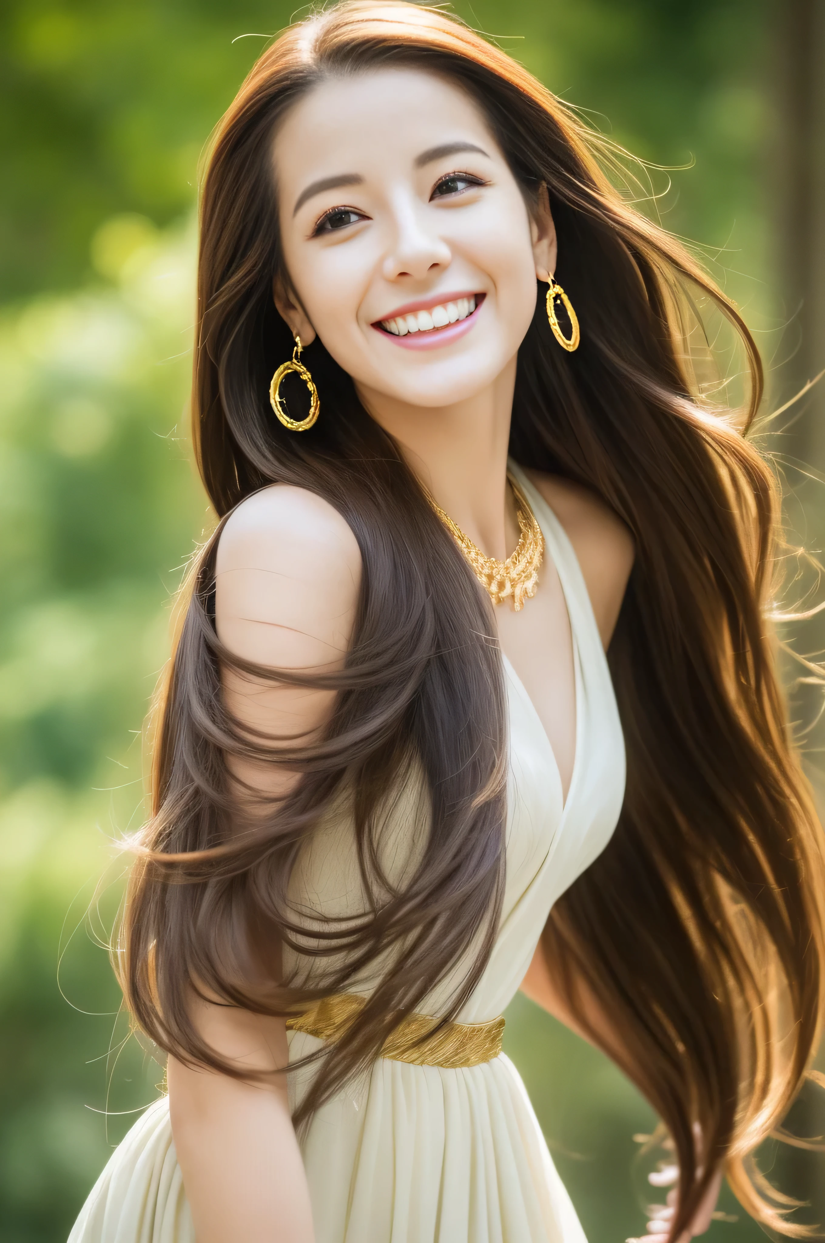 photorealistic:1.37, masterpiece, best quality, raw photo, absurdres, uhd, 1girl, wavy hair, brown hair, seductive , looking at viewer, detailed skin, pore, highres, hdr , beautiful model, soft light to the face,JP_MODELS,midium breasts, a 30 yo woman,in woods,((Long straight hair_Hair reaching down to the waist:1.3)),((gold necklace_Large earrings:1.2)),((Super long brown hair:1.2))、(((Barely:1.3)))、running towards here、((With a smile_running towards here_Long hair fluttering_Breathtaking:1.3))