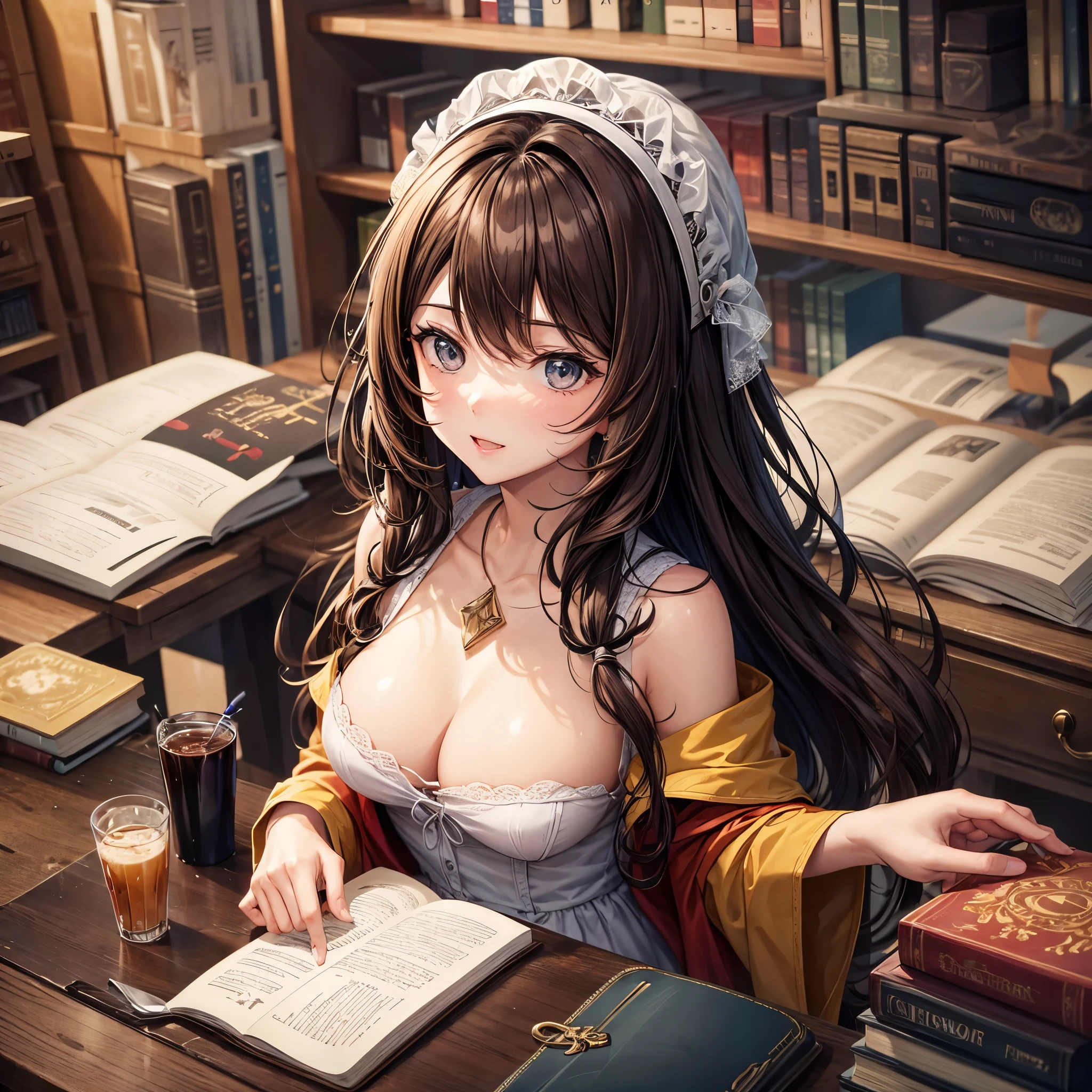 Create a woman with medium brown hair back, pegando um livro na estante de uma biblioteca muito antiga