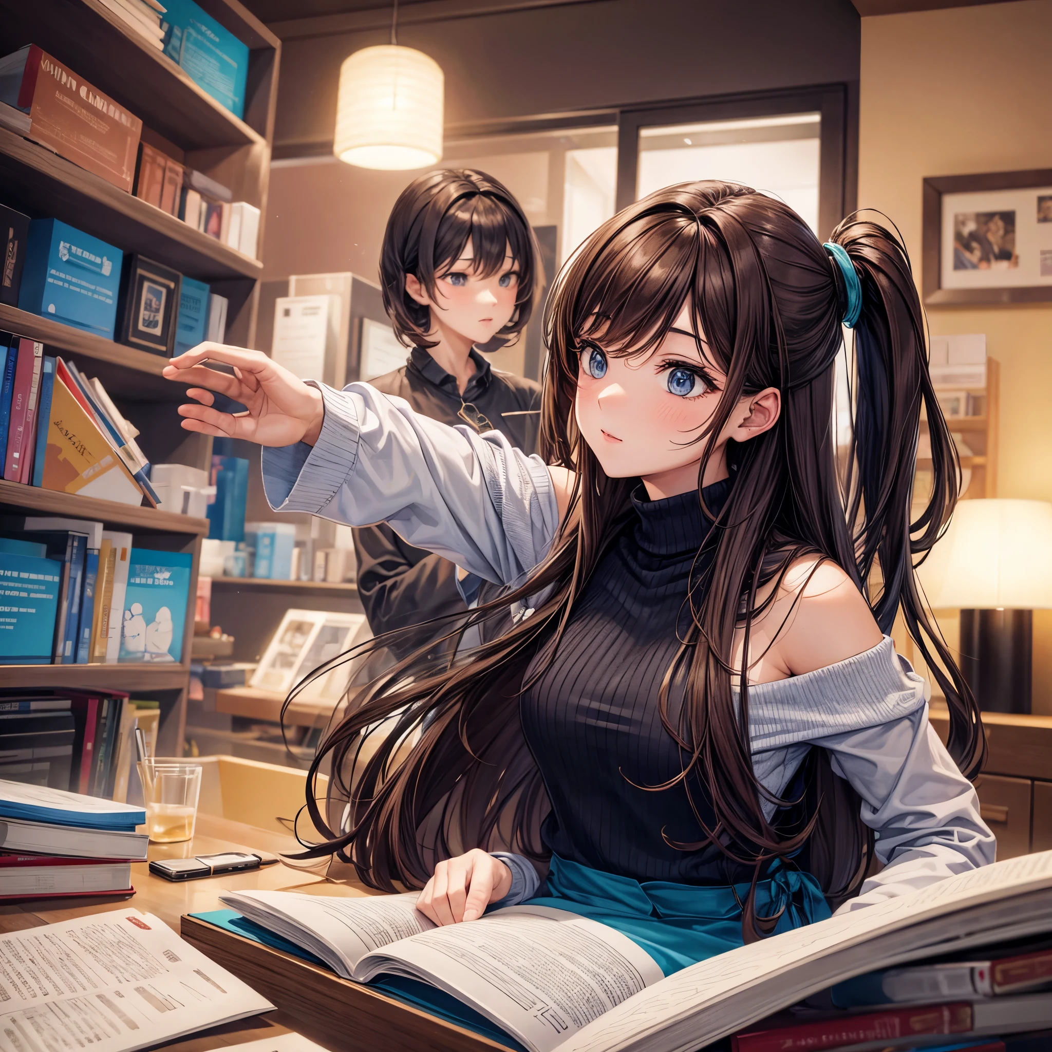 Create a woman with medium brown hair back, pegando um livro na estante de uma biblioteca muito antiga