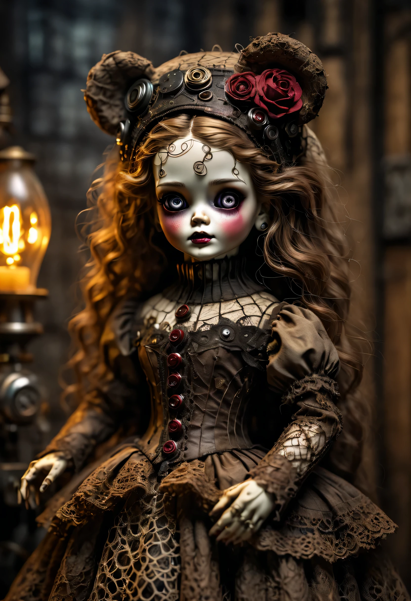 Doll design，Mechanical dolls，Mechanical control of teddy bear doll，realism，dramatic lighting，Aged and weathered appearance，Steampunk elements，Eerie and surreal atmosphere，Intricate lace pattern，Like composition，exquisite craft，Gothic aesthetics，strange beauty+，[high dynamic range]，[Fear]，[concept artist]，[keen focus]，[main]，[bright colors]，[Bokeh]，long range shot，See deeply，