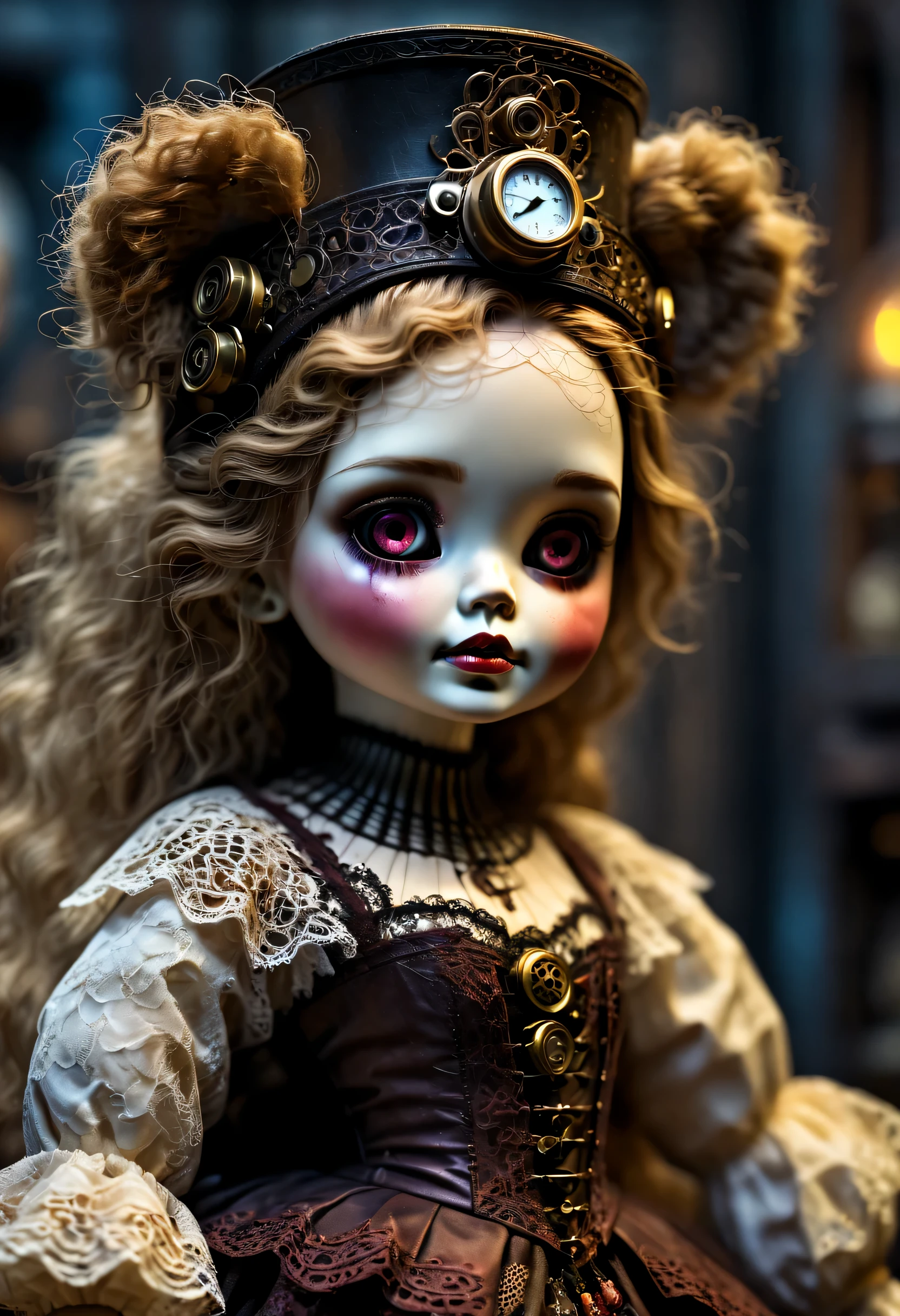 Doll design，Mechanical dolls，Mechanical control of teddy bear doll，realism，dramatic lighting，Aged and weathered appearance，Steampunk elements，Eerie and surreal atmosphere，Intricate lace pattern，Like composition，exquisite craft，Gothic aesthetics，strange beauty+，[high dynamic range]，[Fear]，[concept artist]，[keen focus]，[main]，[bright colors]，[Bokeh]，long range shot，See deeply，