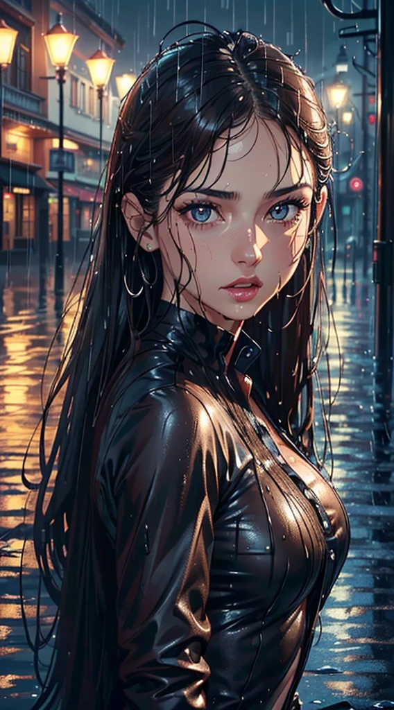 {{{Hyperrealistic}}, {{{Girl soaking in a large bathtub}}}, {{{Kneeling}}}}, {{{1girl}}}, Full body, Bathroom with lights off, Wet body, Girl drinking alcohol, Skyscrapers shining at night through window sill, Rain, Tons of water droplets on windows, Cinematic blue lighting, Cinematic angle, Backlit blue light,