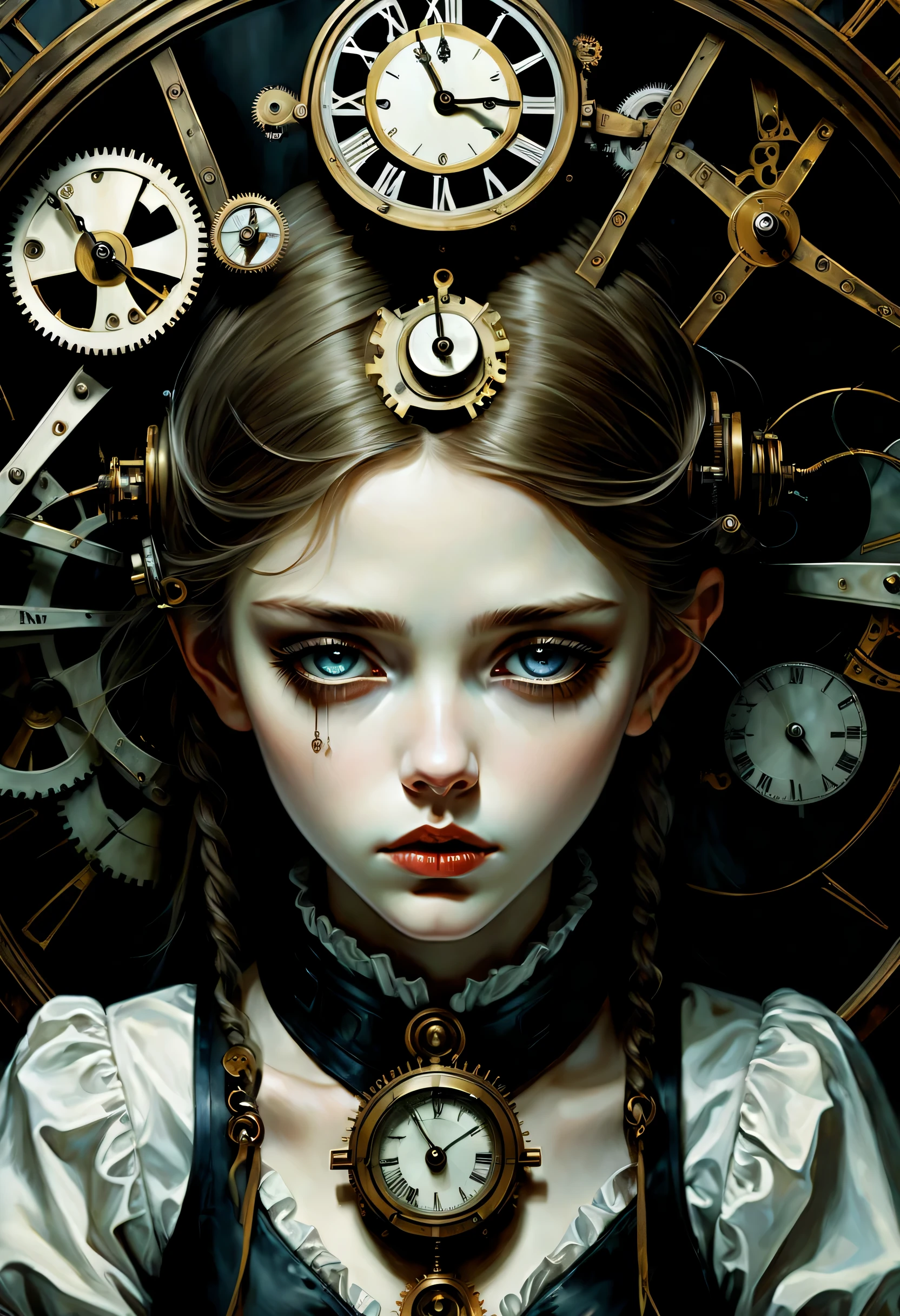 Clockpunk dark fantasy brush strokes, like a sad european young girl, Karakuri doll, A perfect porcelain machine stares solemnly, reflected in the mirror, Photorealistic rendering of impressive images, Skillfully drawn to evoke strong emotions, eyes express feelings of shame and regret, Incredibly clear and detailed, Instantly grab your audience&#39;s attention, Image quality is exceptional, Every feature is meticulously depicted., Make the scene feel almost concrete.