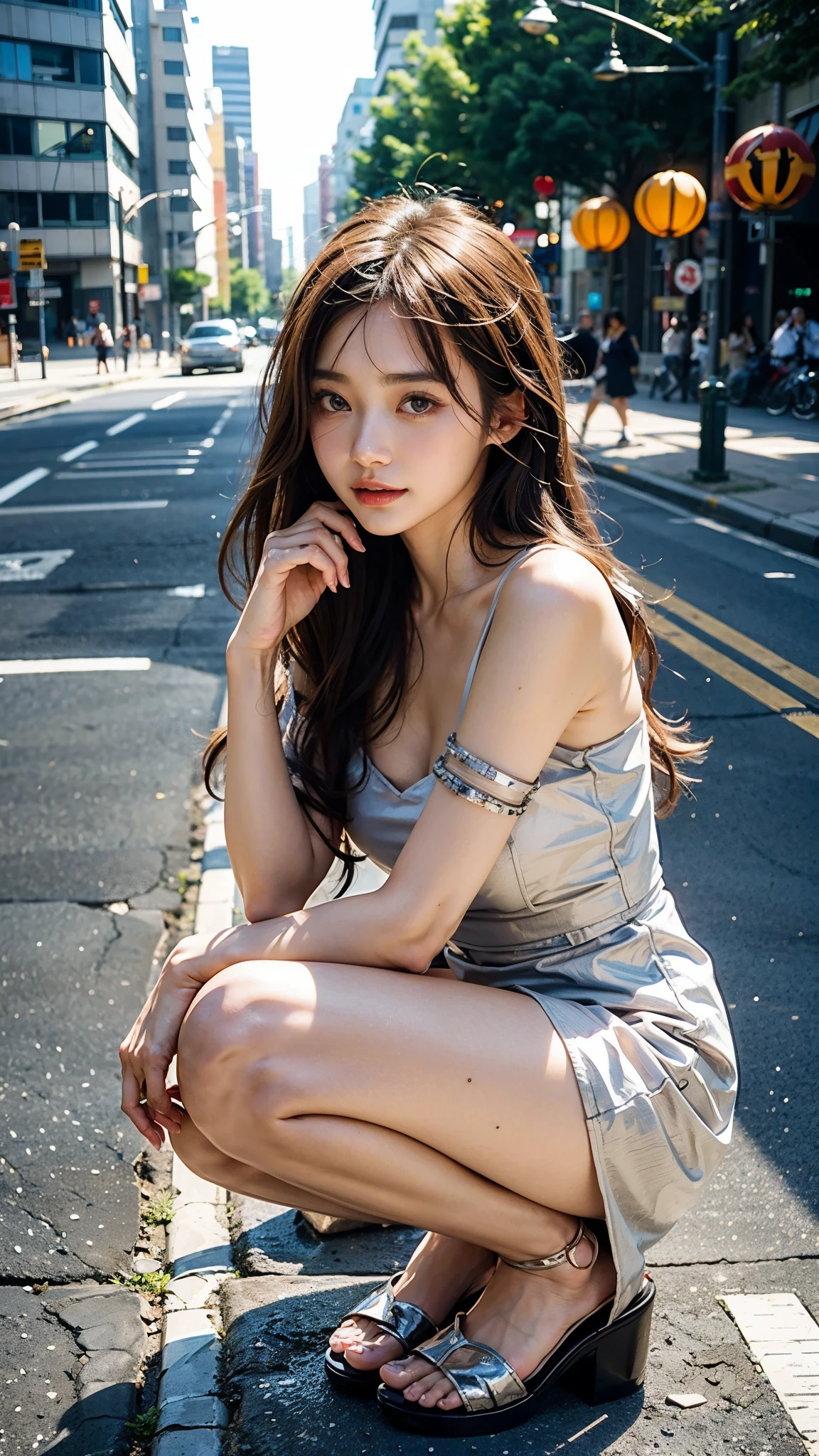 A woman in a dress squats on the sidewalk, beautiful asian girl, japanese goddess, Cute elegant pose, seductive anime girl, beautiful attractive anime woman, pretty face with arms and legs, beautiful girl model, beautiful model girl, asian girl, attractive anime girl, young and cute girl, beautiful anime girl, cute young woman, Beautiful charming anime teen