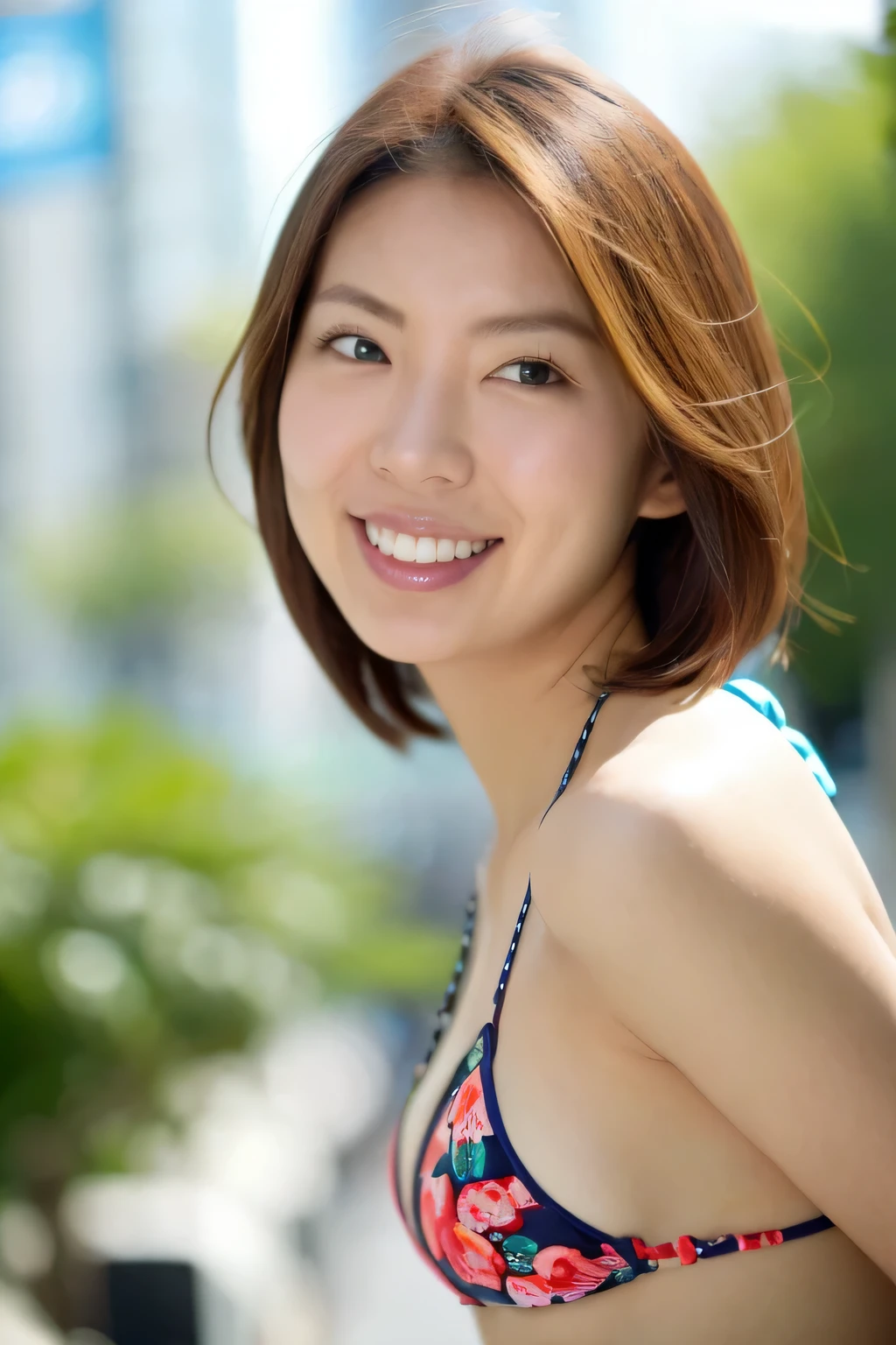 NSFW:1.3:((highest quality、8K resolution、master masterpiece、portrait:1.3)), Photoreal, 35mm film, mature woman:1.5,on the street during the day, wrinkles around the eyes,wrinkles around the mouth、short hair、((Fancy Micro Bikini:1.3)) , (outdoors_city street: 1.3), jumbled background,look at the audience,(Tokyo cityscape:1.3),big breasts:1.3,laughter, whole body