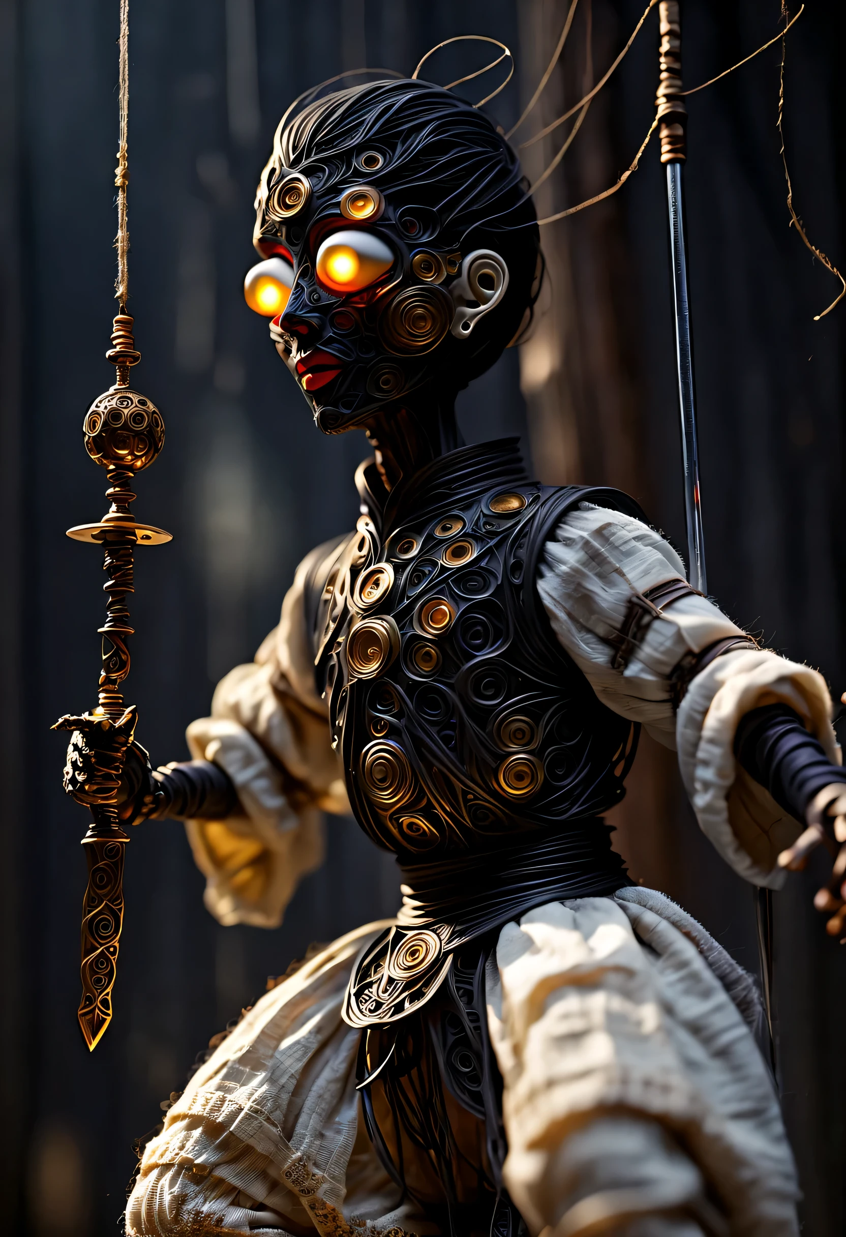 imagine，whole body，Mechanical doll design，(Many cotton threads hang a small mechanical puppet dancing with a sword: 1.37), acrylic style, puppet art,
robot character, beautiful details, (whole body: 1.00), Dynamic dance moves, (puppet), puppet, wood, rope, (Chinese shadow puppetry), eyes and face, charming figure, limbs controlled by ropes, The mechanism is complex, Mechanical structure, metallic feel, dark and mysterious atmosphere, strange realism, dramatic lighting, Aged and weathered appearance, Steampunk elements, Eerie and surreal atmosphere, intricate lace pattern, film composition, exquisite craft, Gothic aesthetics, strange beauty+, [high dynamic range], [fear], [concept artist], [sharp focus], [professional], [bright colors], [Bokeh], Large-range lenses, shallow view deep,