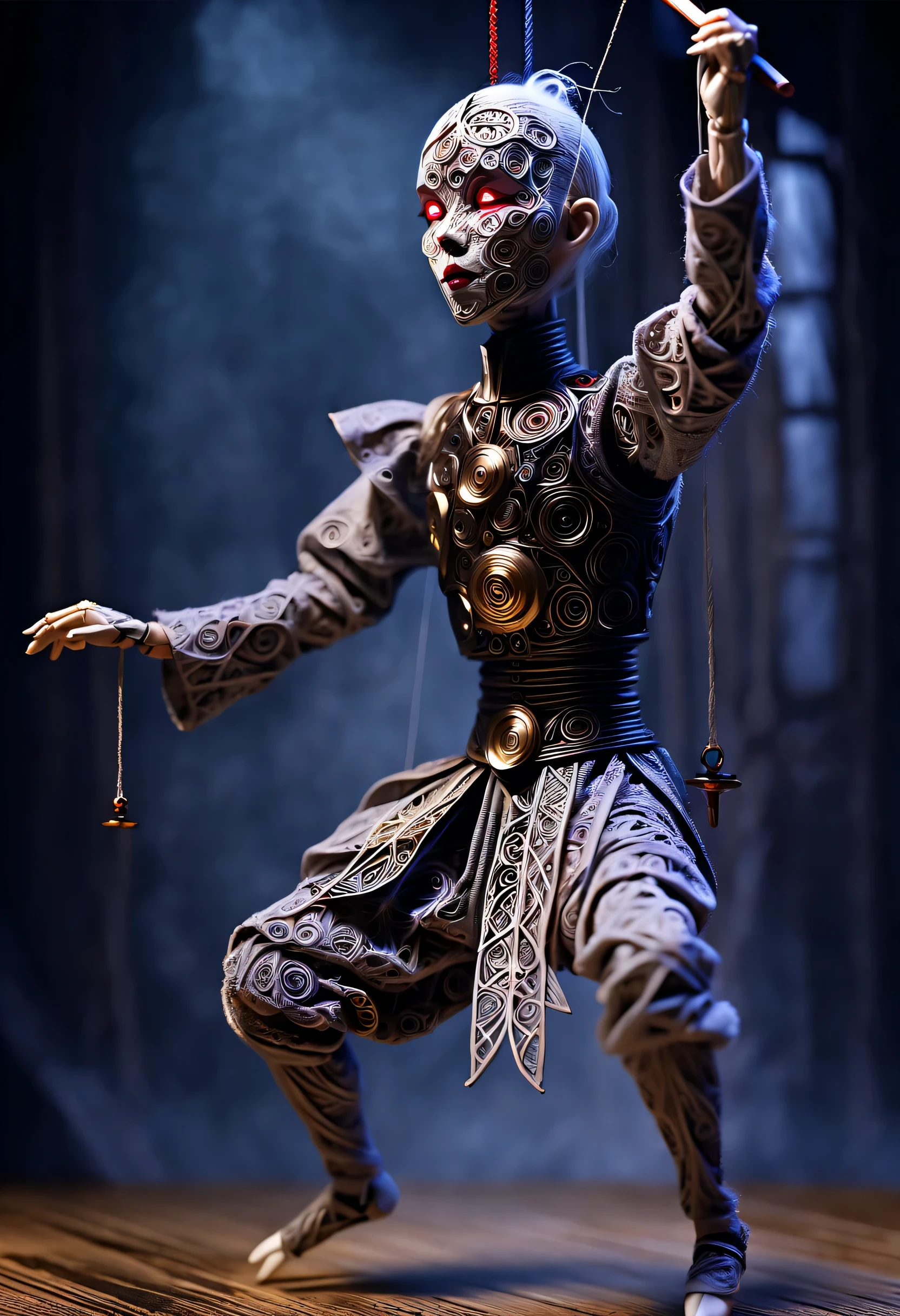 imagine，whole body，Mechanical doll design，(Many cotton threads hang a small mechanical puppet dancing with a sword: 1.37), acrylic style, puppet art,
robot character, beautiful details, (whole body: 1.00), Dynamic dance moves, (puppet), puppet, wood, rope, (Chinese shadow puppetry), eyes and face, charming figure, limbs controlled by ropes, The mechanism is complex, Mechanical structure, metallic feel, dark and mysterious atmosphere, strange realism, dramatic lighting, Aged and weathered appearance, Steampunk elements, Eerie and surreal atmosphere, intricate lace pattern, film composition, exquisite craft, Gothic aesthetics, strange beauty+, [high dynamic range], [fear], [concept artist], [sharp focus], [professional], [bright colors], [Bokeh], Large-range lenses, shallow view deep,