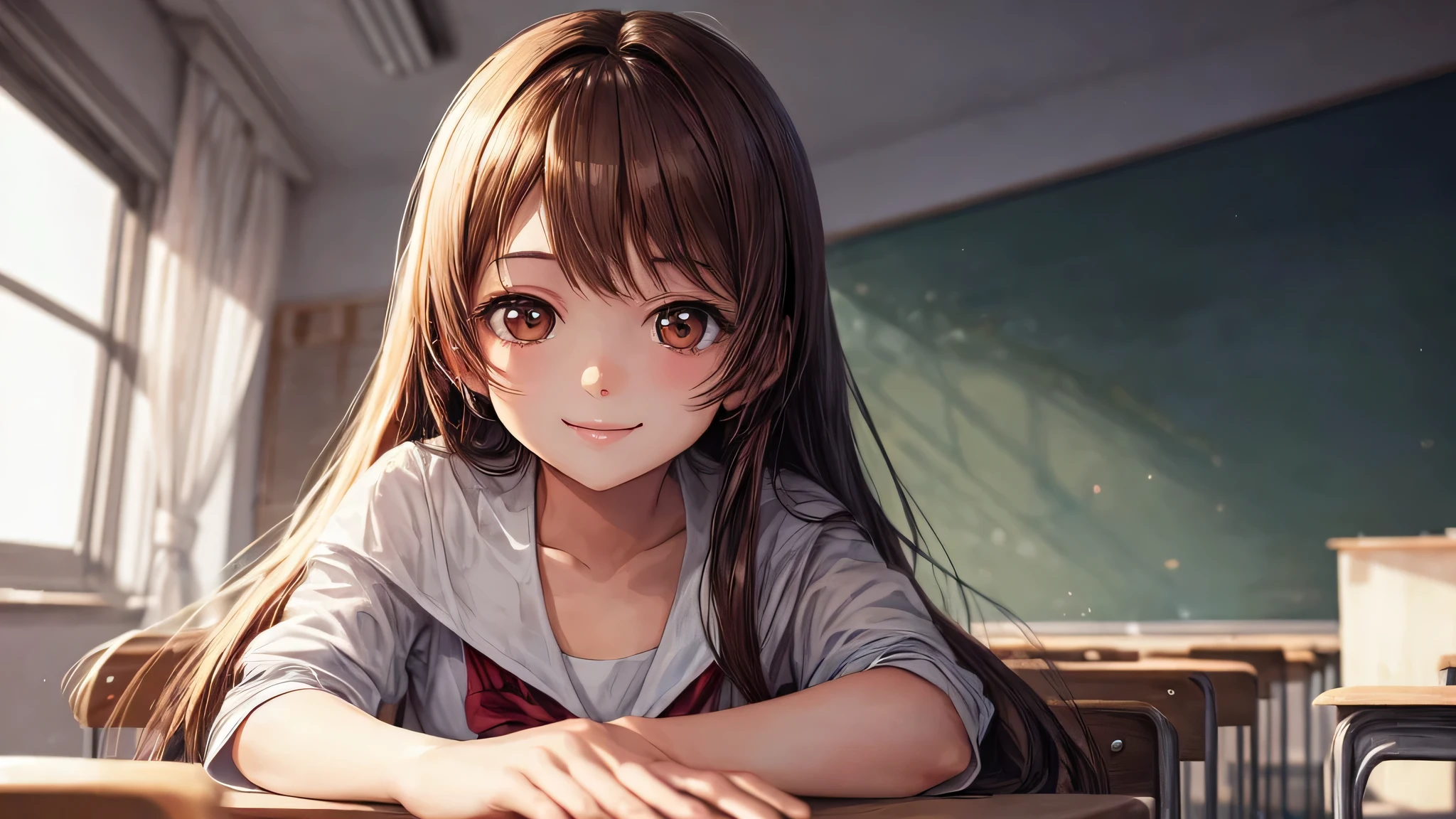 1young girl, long hair, brown eyes, (smile slightly, Innocent and cute expression), model, Enchanting, Sublime, Ethereal, fantastic, indoors, (Bokeh), (anime , anime illustration), school, classroom, depth of fields,