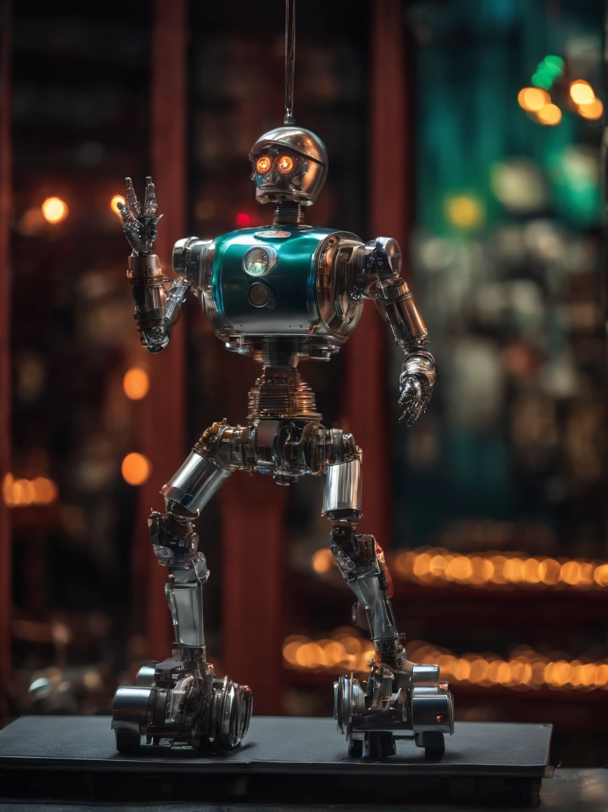 Create a complete mechanical puppet, legs and arms assembled from simulated studio equipment, a pair of headphones, neon eyes, Charming face