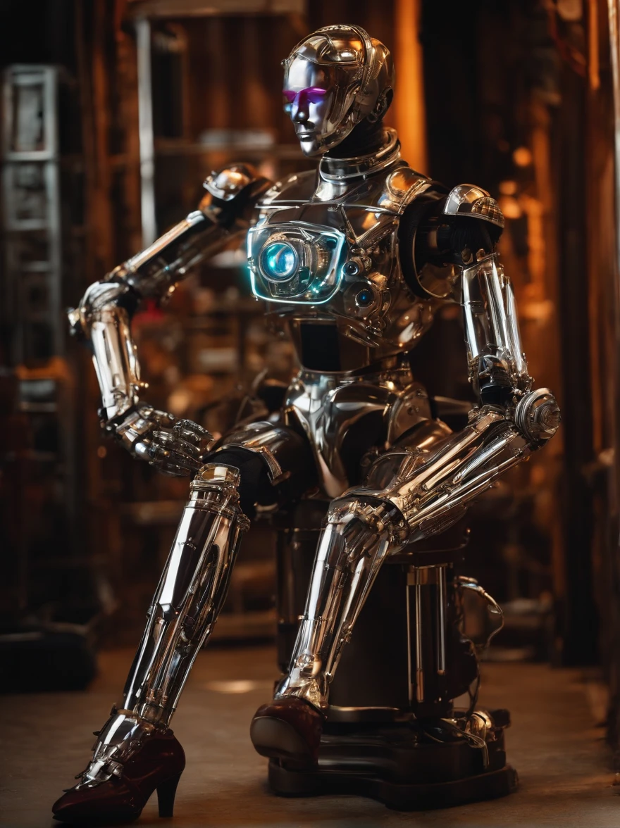 Create a complete mechanical puppet, legs and arms assembled from simulated studio equipment, a pair of headphones, neon eyes, Charming face