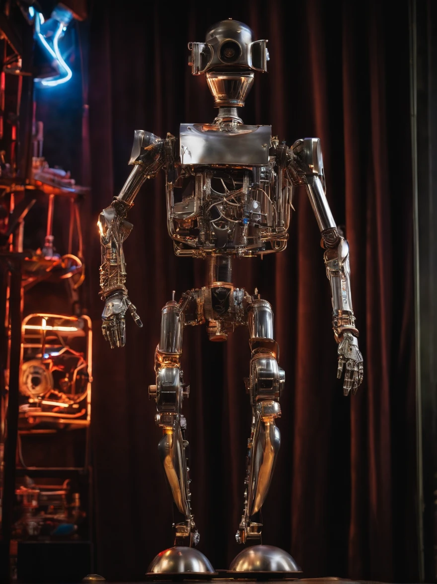 Create a complete mechanical puppet, legs and arms assembled from shiny chrome equipment, High-tech mechanical parts, Colorful neon lights, Charming face