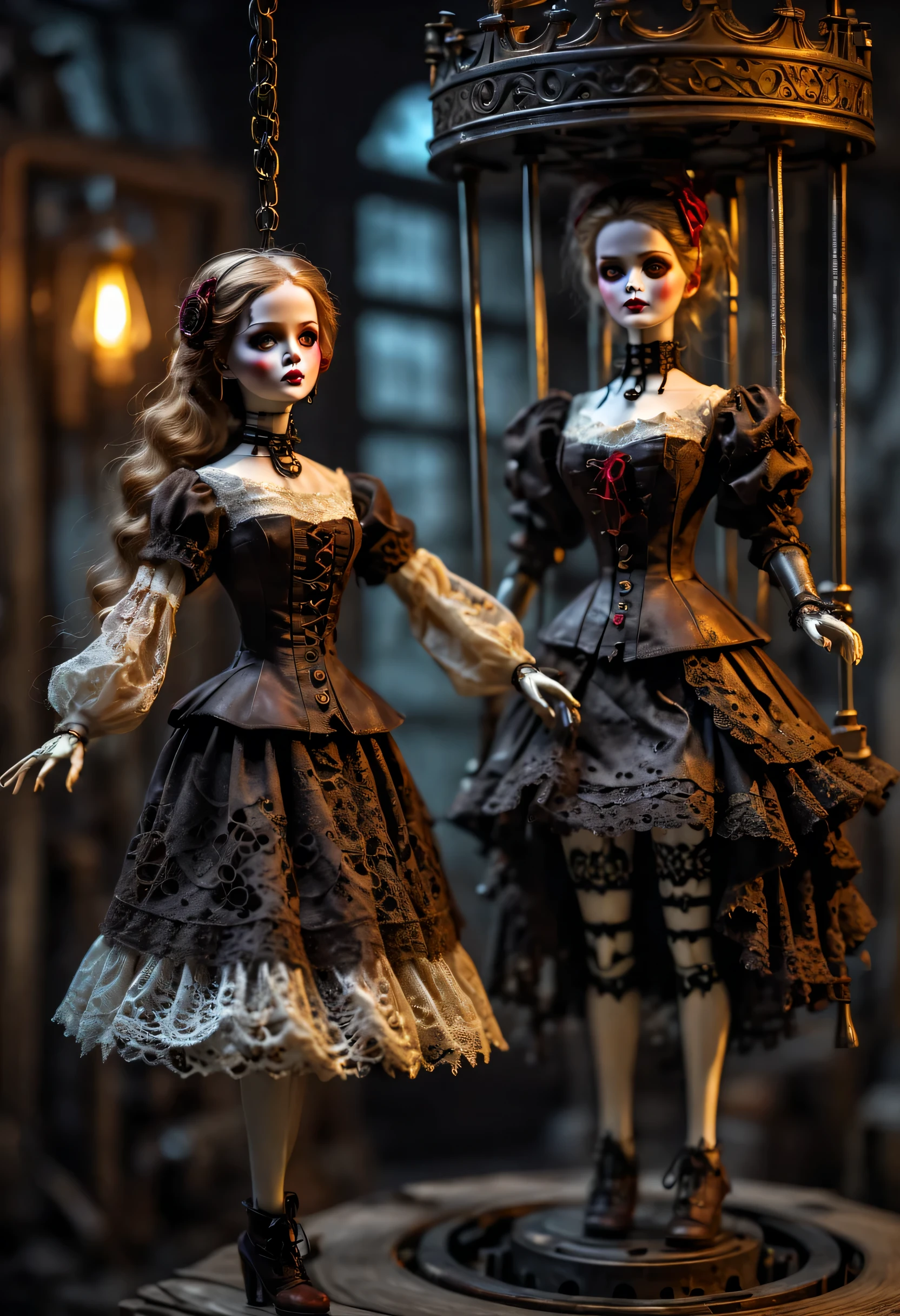 Doll design，Mechanical dolls，mechanical control doll，Dolls swing and dance，Mechanical clockwork，gear，Mechanical device base，realism，dramatic lighting，Aged and weathered appearance，Steampunk elements，Eerie and surreal atmosphere，Intricate lace pattern，Like composition，exquisite craft，Gothic aesthetics，strange beauty+，[high dynamic range]，[Fear]，[concept artist]，[keen focus]，[main]，[bright colors]，[Bokeh]，long range shot，See deeply，